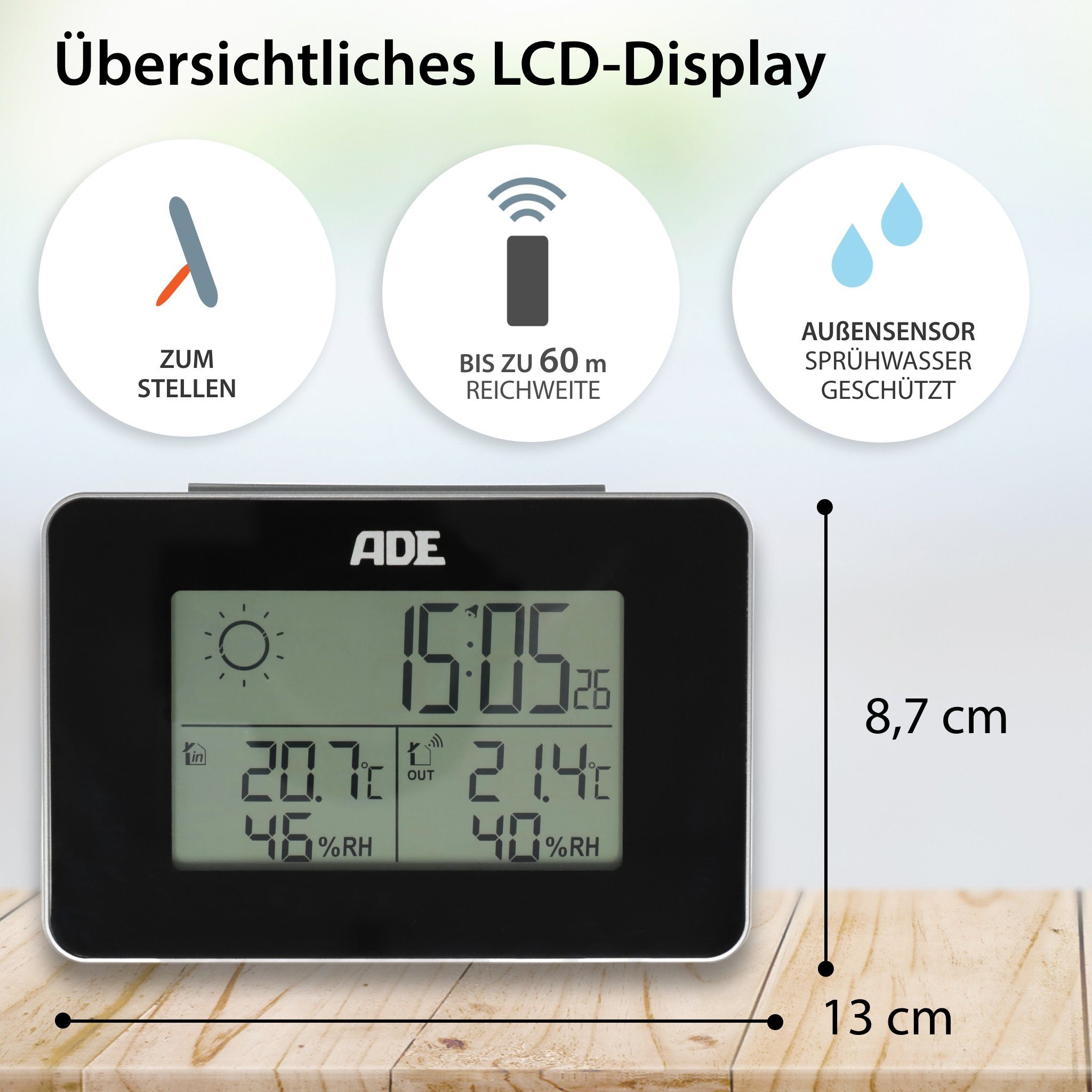 ADE Wetterstation für drinnen und draußen Funkwetterstation (mit Außensensor, animierte Wettervorhersage, mit Luftfeuchtigkeitsmessung)
