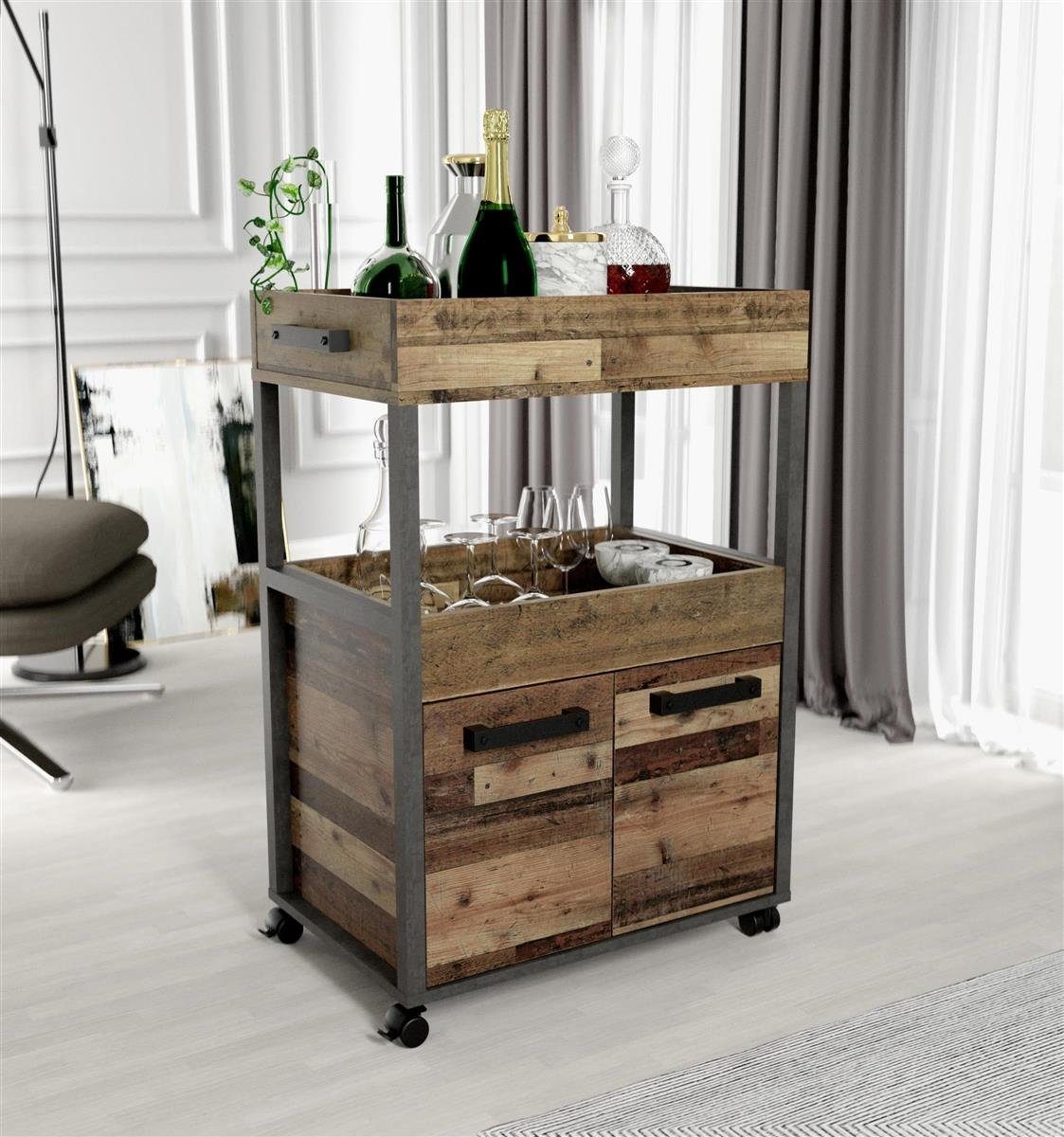 möbelando Barschrank Hydra Barschrank im modernen Industrial-Design aus Spanplatte in Betonoptik Dunkelgrau / Old Wood Vintage Nachbildung mit 2 Holztüren, 2 Ablageböden und 4 Rollen. Breite 60 cm, Höhe 88,5 cm, Tiefe 40 cm