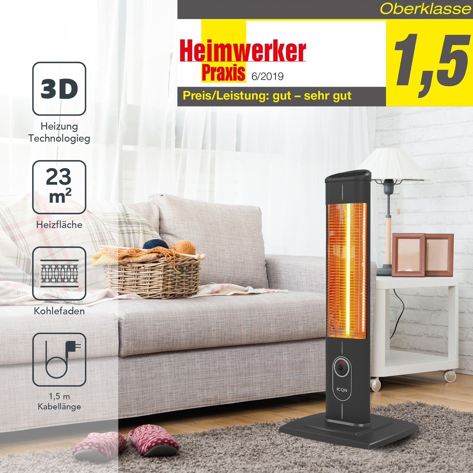 ICQN Heizstrahler IC2300.R, Stand Heizstrahler mit Fernbedienung, Infrarotheizung, 2300 W, für Innen- & Außenbereich, Standgerät, IP20, Digitalanzeige