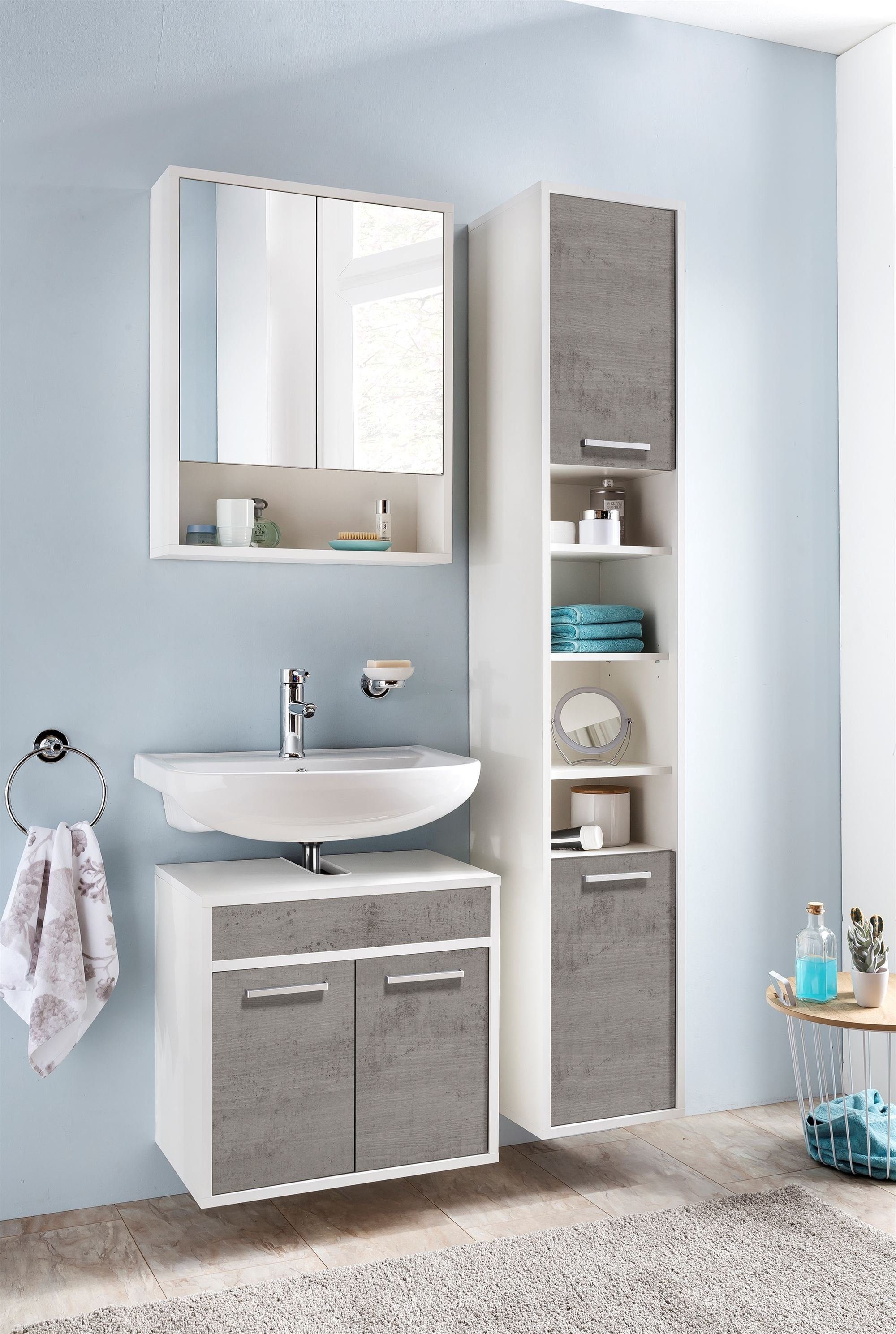 Kaltschaummatratze Badezimmer Set Jaana 105x186x35 Badezimmer Komplett Weiß/Beton 10166, 58 aufm Kessel, 186 cm hoch, (Komplettset), Beschläge aus Metall