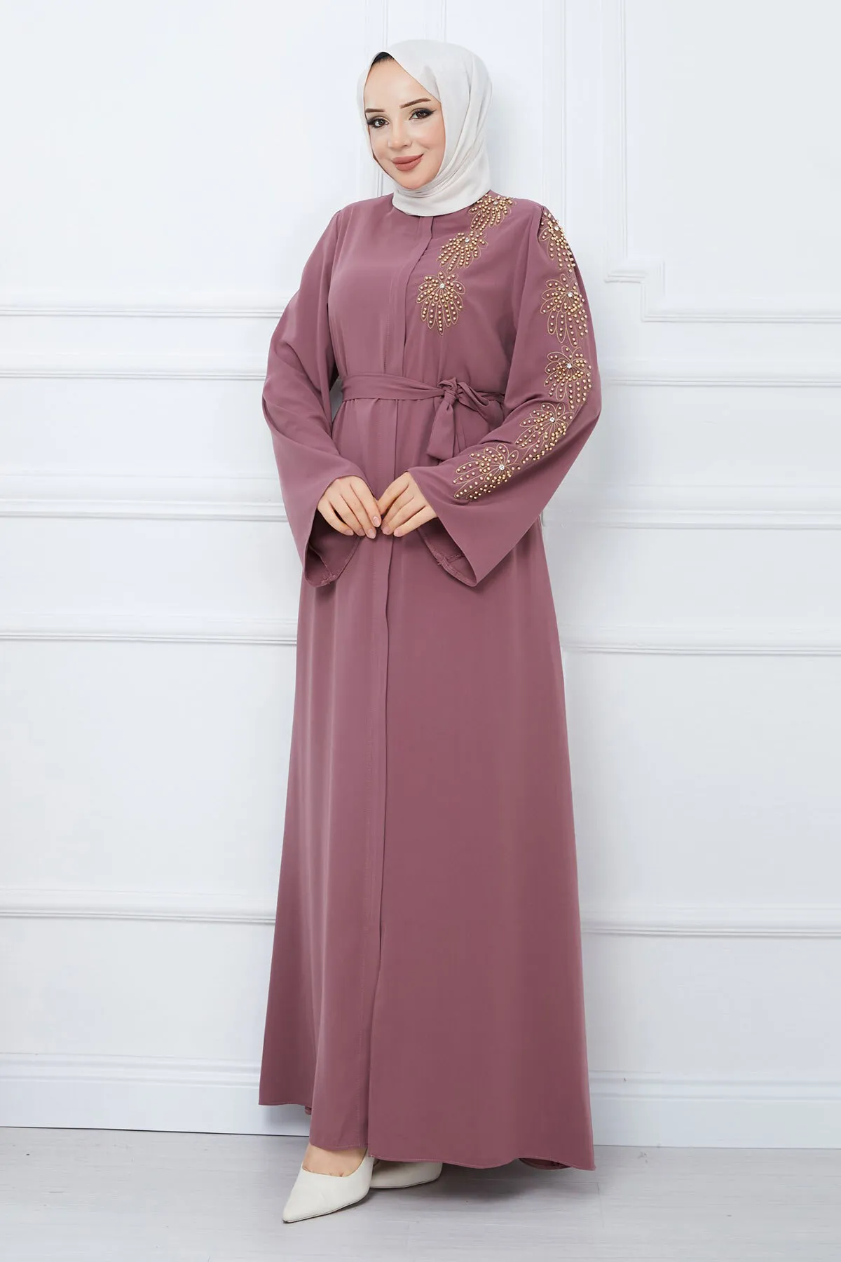 Tesettür Dünyası  Griff Perlen Bestickt Gürtel Hijab Ferace TSD240203 Getrocknete Rose