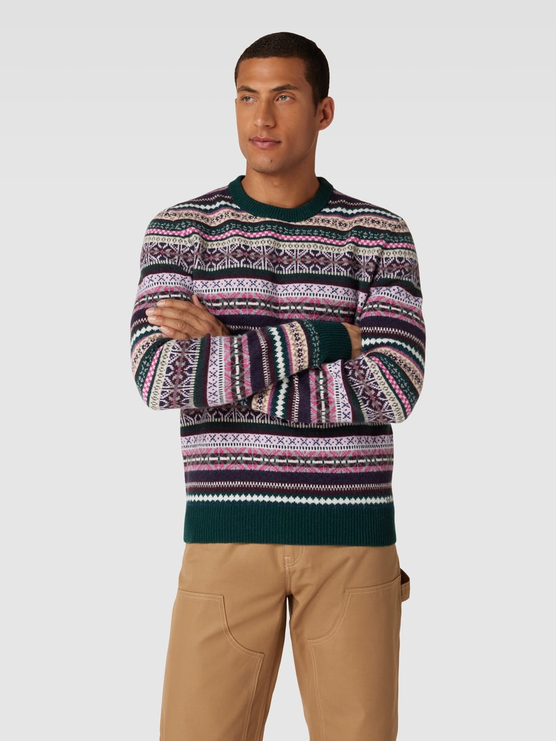Strickpullover aus Lammwolle mit Allover-Muster in dunkelgrün