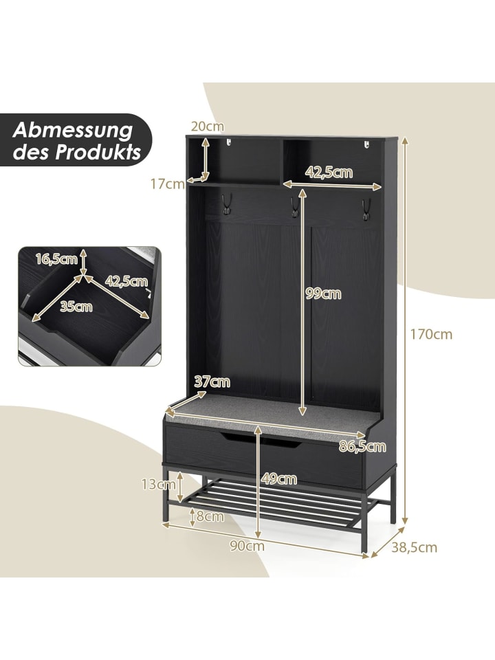 COSTWAY Garderobenständer mit Sitzbank 90 x 38,5 x 170 cm in Schwarz günstig kaufen onesize
