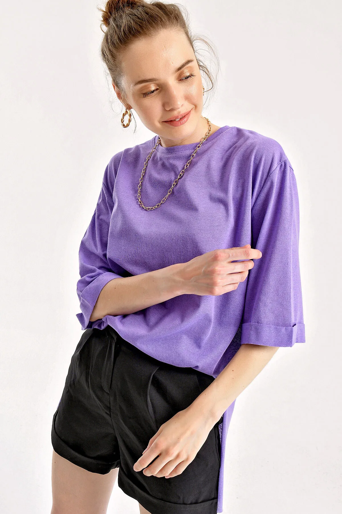 Bigdart  4123 Geschlitztes Oversize-T-Shirt – Lila