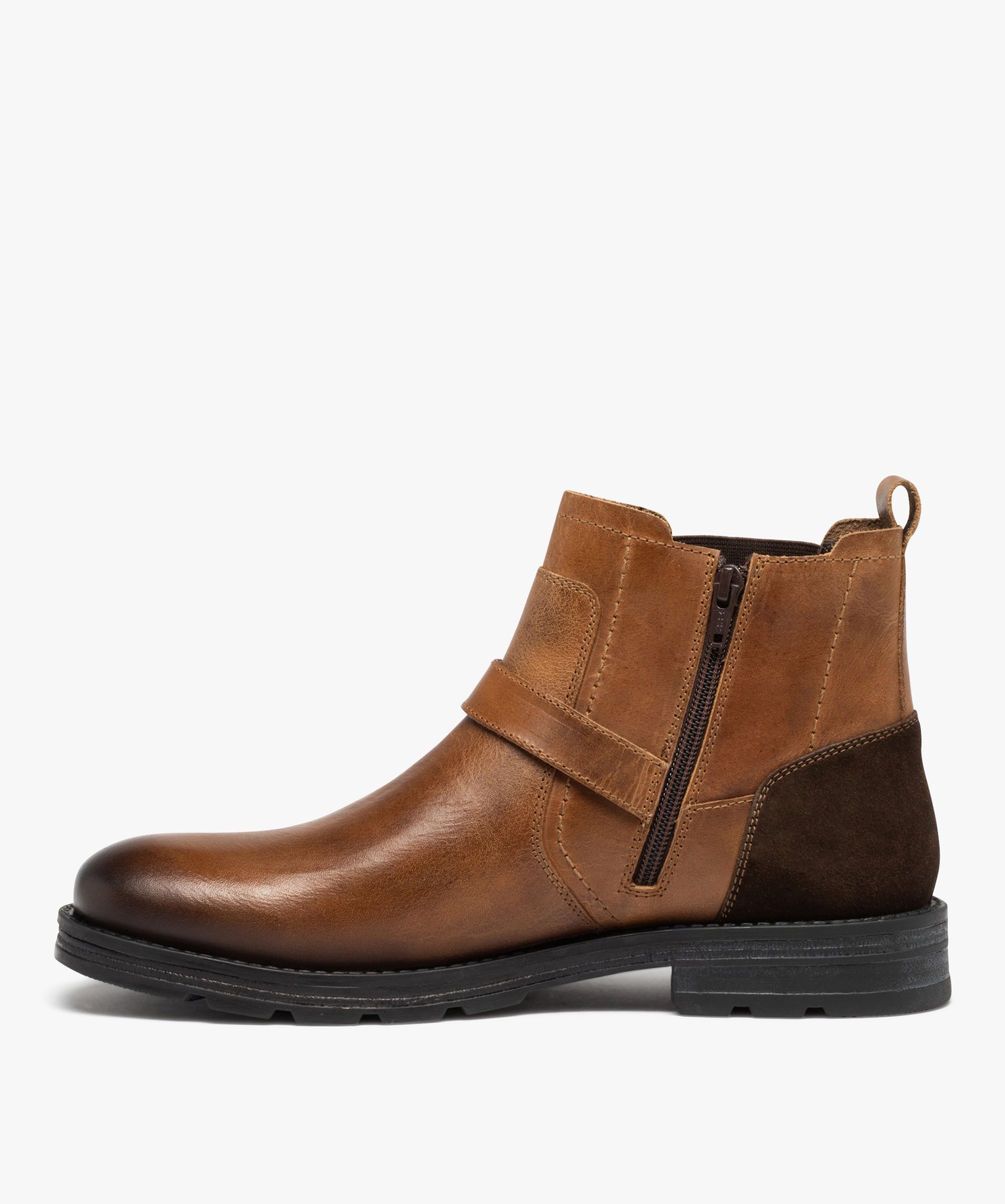 Boots homme dessus en cuir uni style Chelsea à zip camel | GEMO