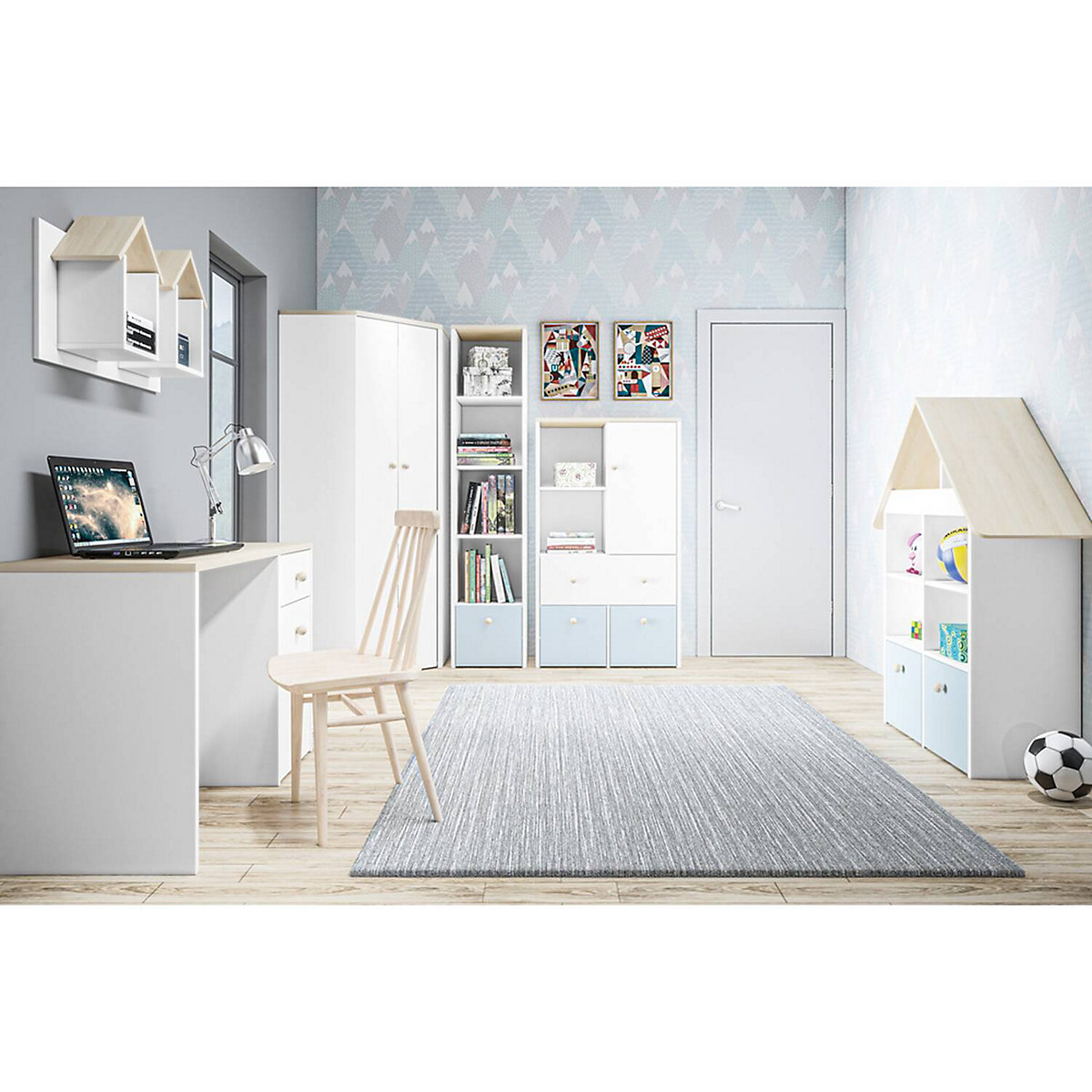 Kinderzimmer Set ELVA-131 in weiß mit Fjord Buche Nb. und kristallblau