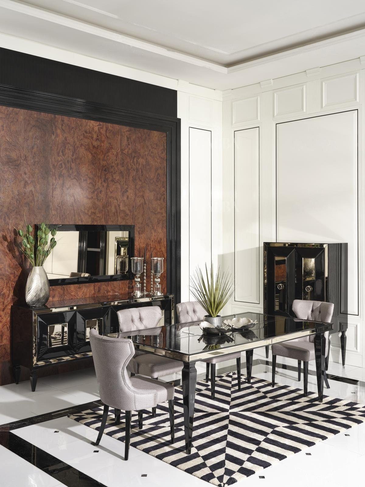 JVmoebel Esszimmer-Set Großes Essecke Essgruppe Esszimmer Esstisch Stühle 10tlg Schwarz Holz, (10-St., 1x Esstisch+6x Stühle+1x Sideboard+1x Spiegel+1x Barschrank), Made in Europa