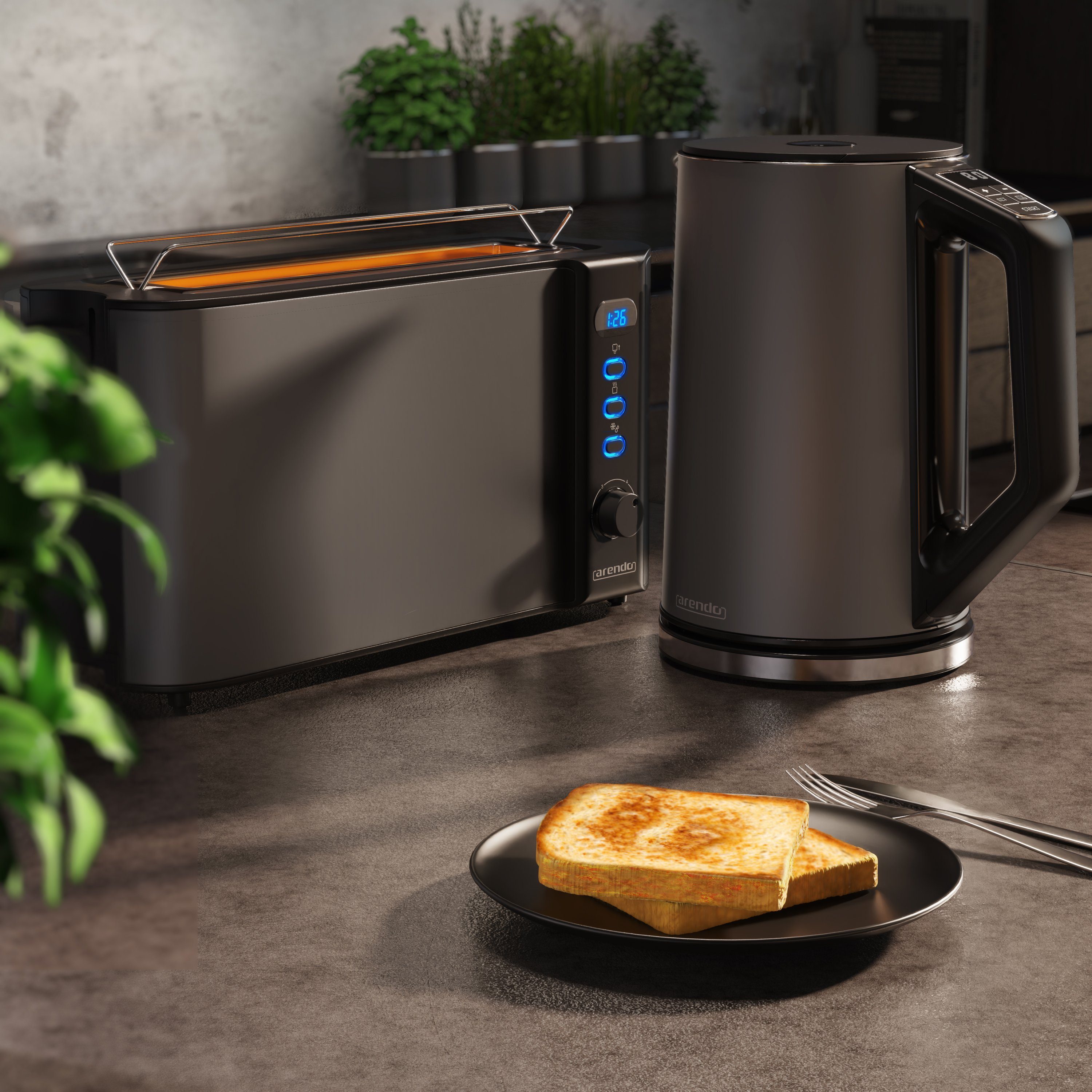 Arendo Frühstücks-Set (2-tlg), Wasserkocher 1,5l & 2-Scheiben Langschlitz Toaster, Edelstahl, Grau