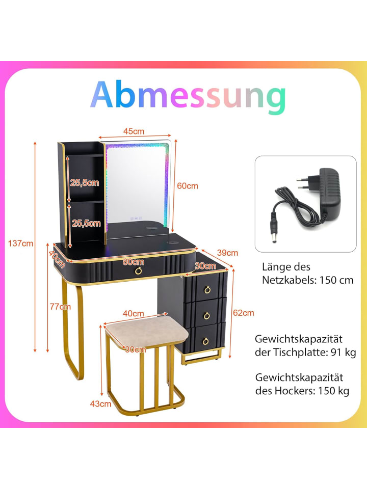COSTWAY Schminktisch Set mit LED & Ladestation in Schwarz günstig kaufen onesize