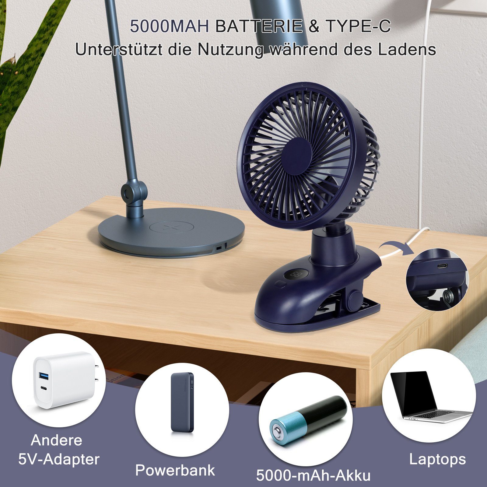 ZMH Mini USB-Ventilator 4 Geschwindigkeiten Oszillierend 5000mAh Akku Außen, 40dB Leise Fan