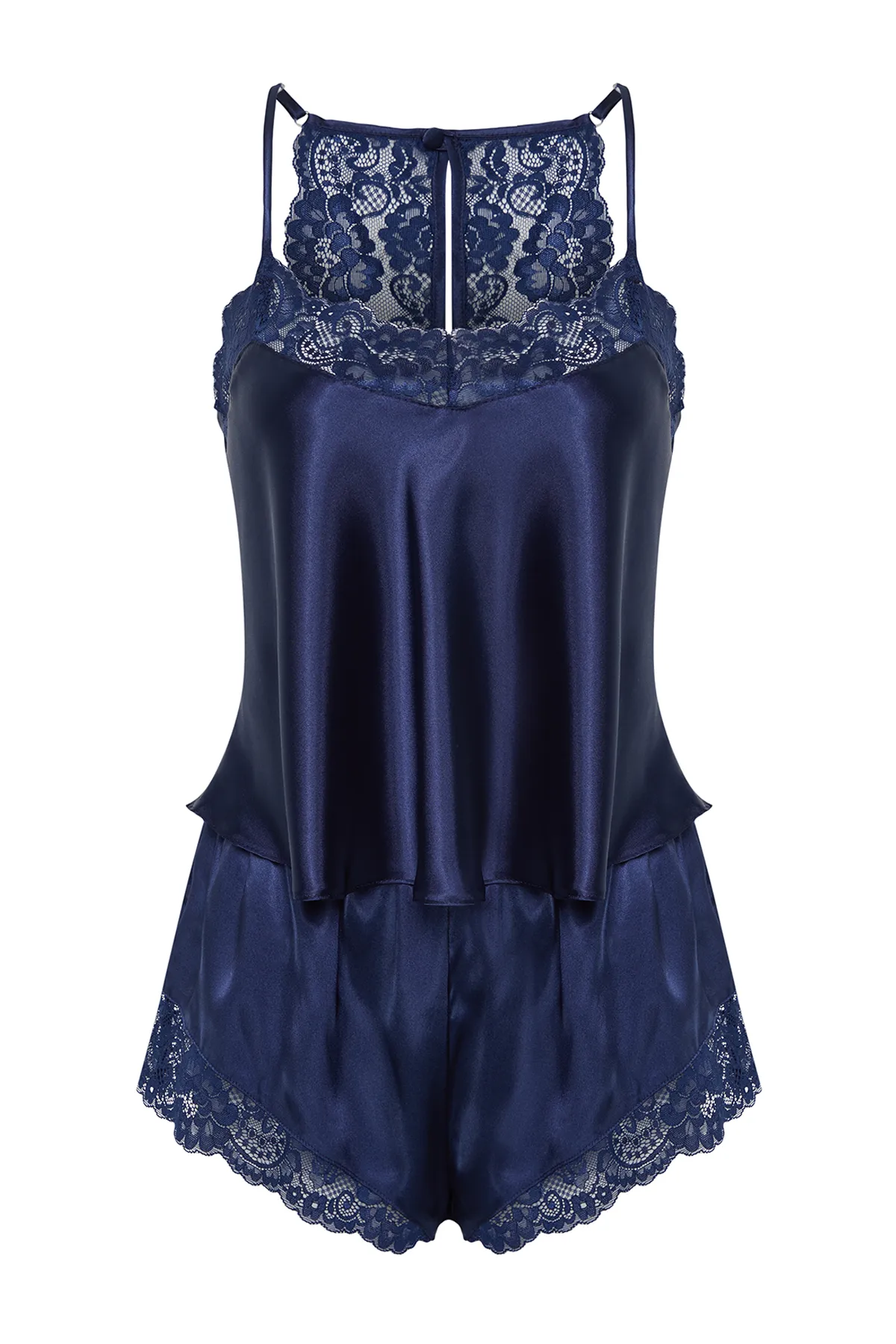 Trendyol Collection  Marineblaues Pyjama-Set aus gewebtem Satin mit Spitzendetails und Seilträgern THMSS22PT0269