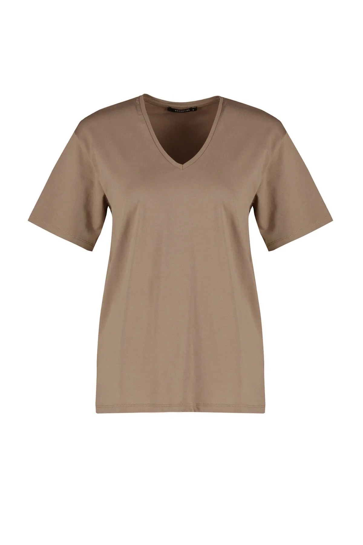 Trendyol Collection  Nerzfarbenes, 100 % Baumwolle, Oversize/weite Passform, V-Ausschnitt, Strick-T-Shirt TWOSS23TS00003