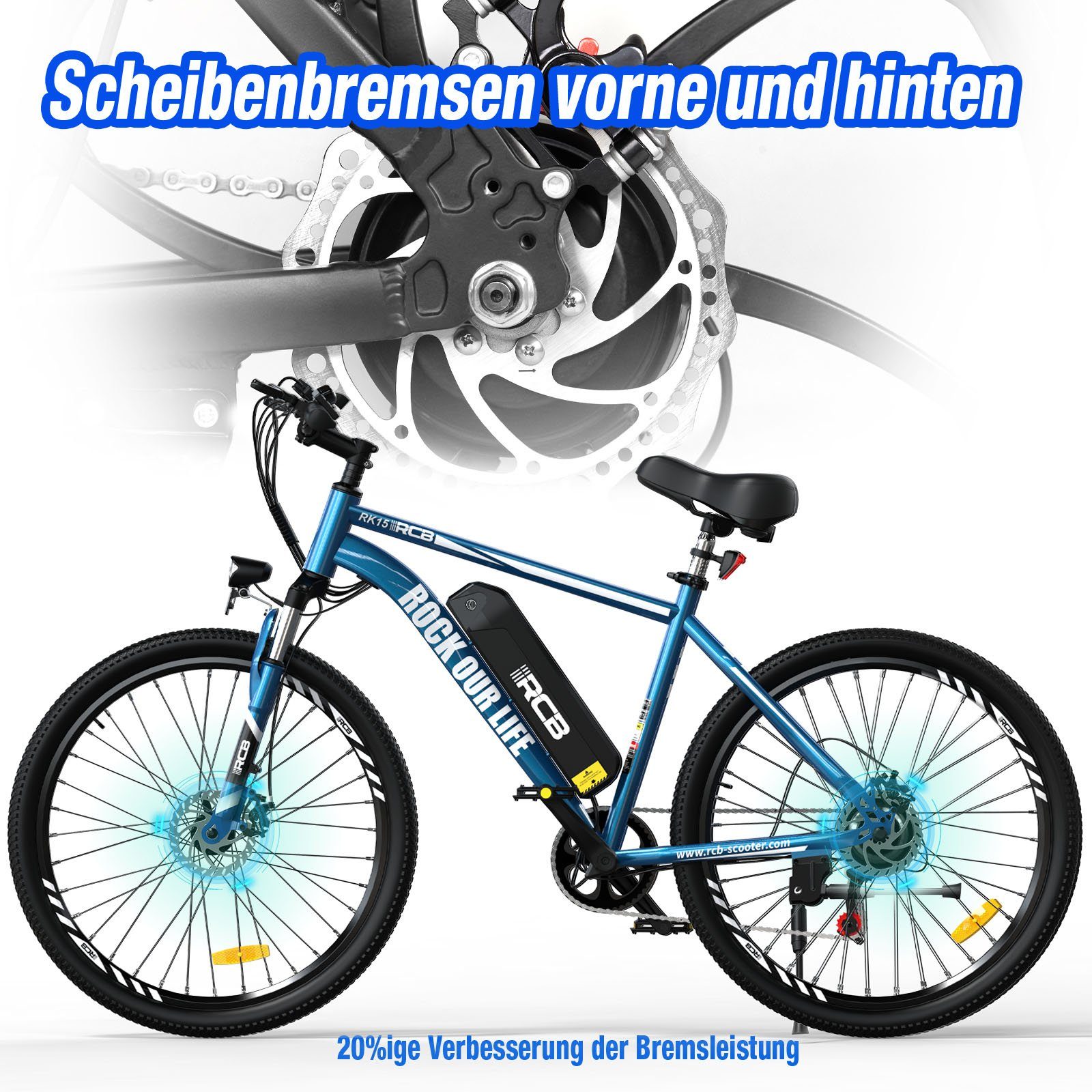 RCB E-Bike RK15 26 ZOLL, 7 Gang, 250w Heckmotor, MTB 36V11.2AH abnehmbarer Akku, Doppelscheibenbremse, Shimano 7G
