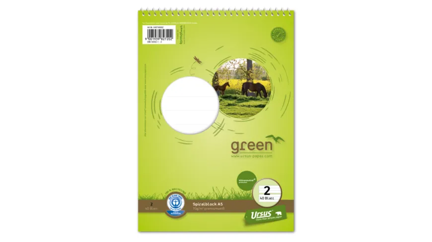 Ursus Green Spiralblock Lineatur 2 A5 40 Blatt 4/4/4 liniert farbig