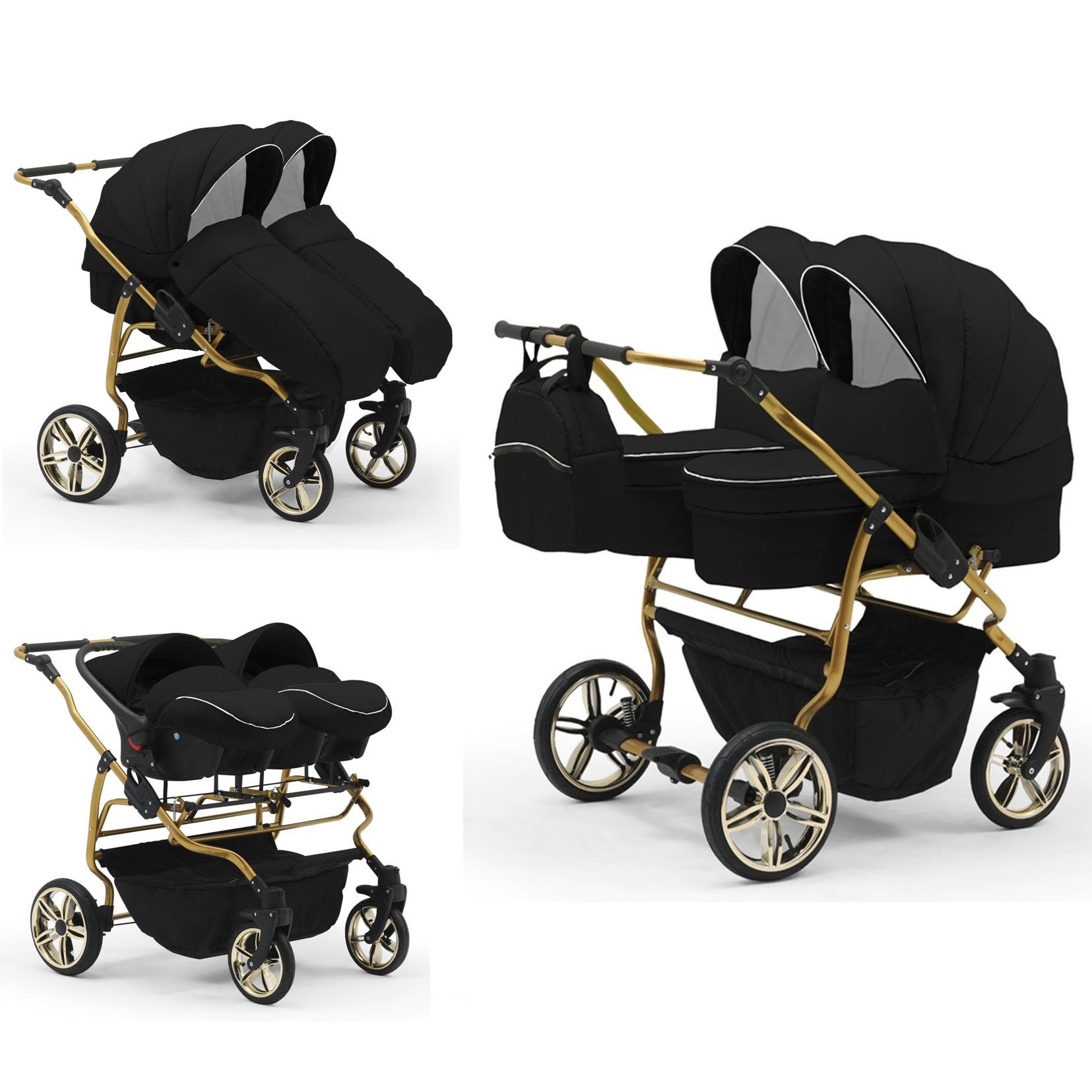 babies-on-wheels Zwillingswagen Duet Lux Gold 3 in 1 inkl. Autositze - 13 Teile - in 33 Farben