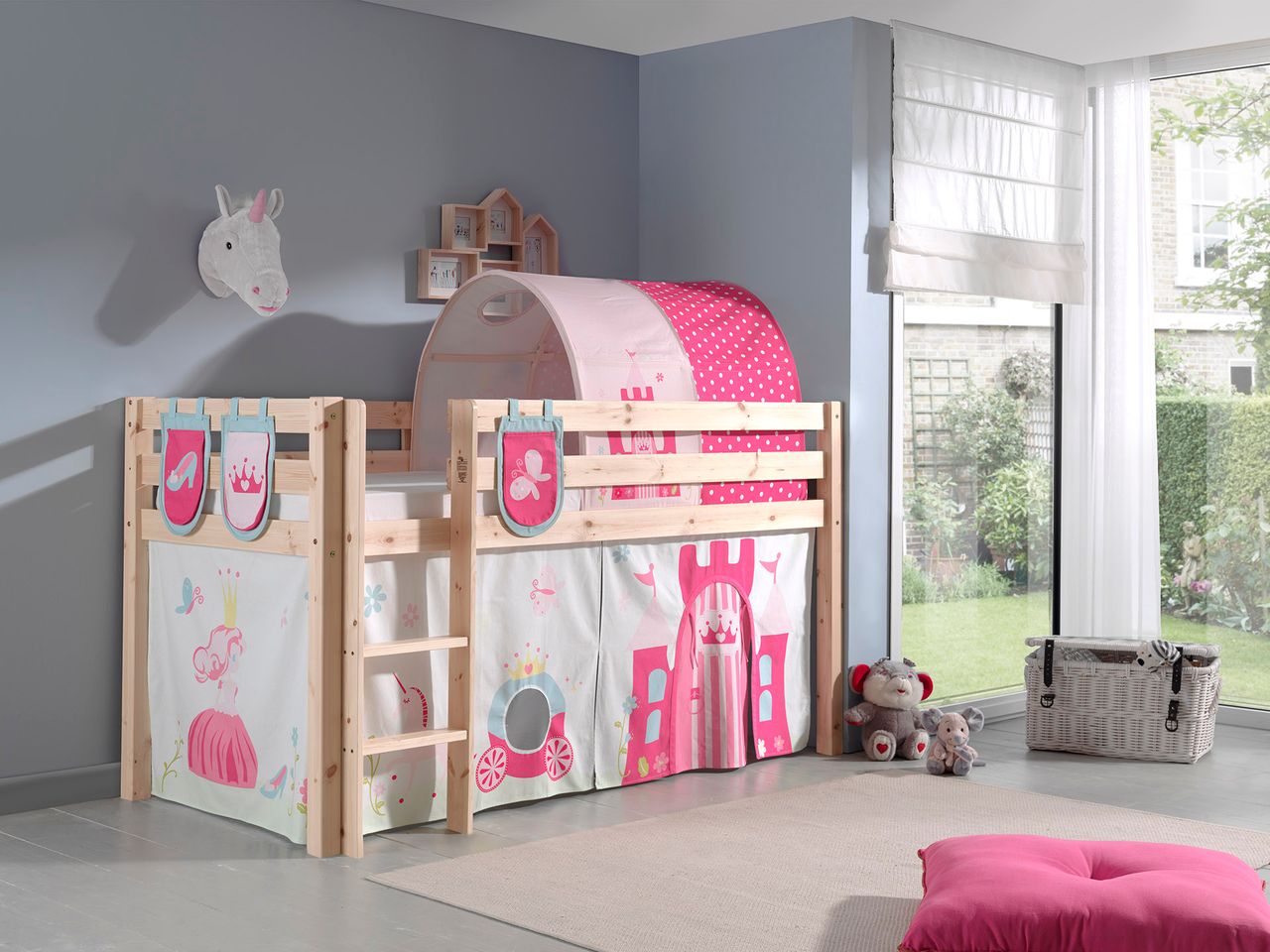 VIPACK Spielbett Pino mit Textilset Vorhang, Tunnel und 3 Taschen 