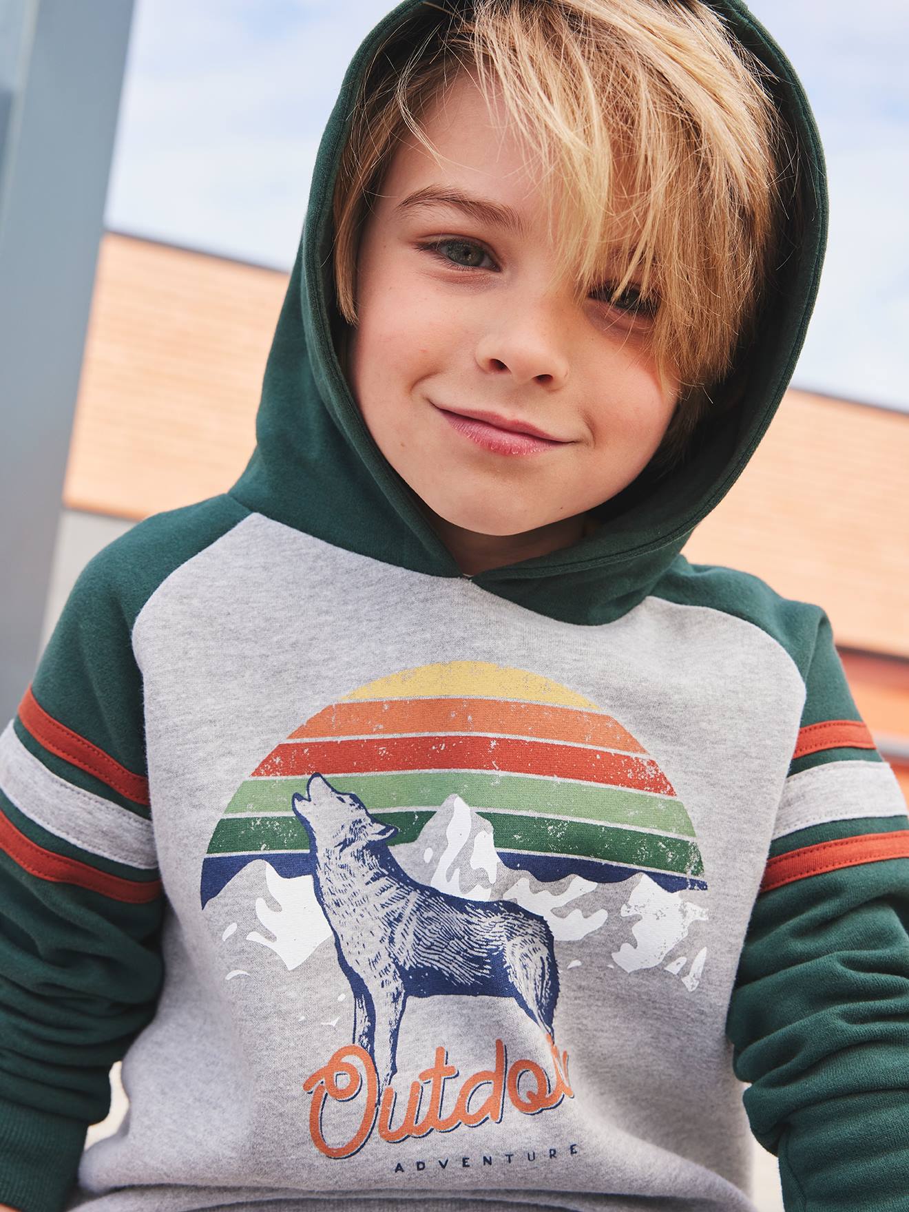 Sweat à capuche motif graphique garçon manches raglan vert fonce