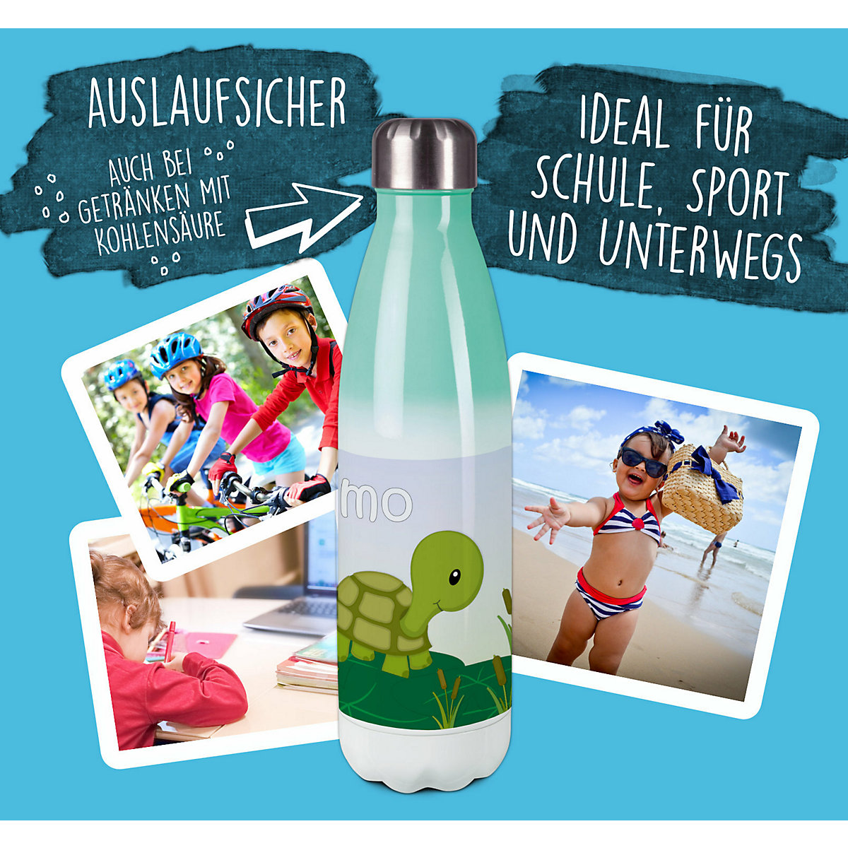 Edelstahl Kinder Thermoflasche / Trinkflasche bunt Schildkröte Spülmaschinenfest, Auslaufsicher, Bruchfest, Doppelwandig, Für Heißgetränke geeignet, Mit Deckel, Isoliert