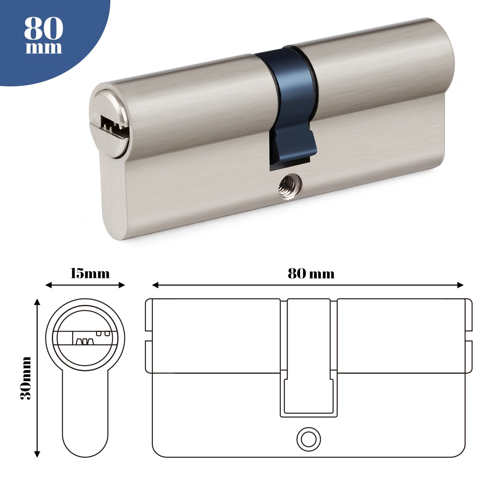 Homewit Schließzylinder 80mm doppelt offener Schließzylinder aus Zinklegierung alloy, (Set, 1-St., inkl. 5 Schlüssel), mit 5 Stück Schlüssel + 2 Stück Befestigungsschrauben
