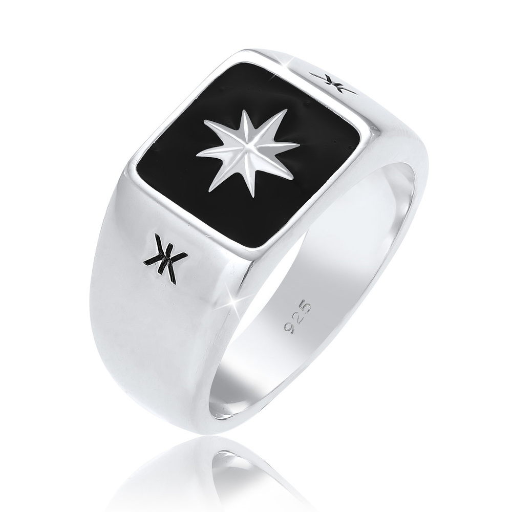 KUZZOI KUZZOI Bague Hommes Signet Black Enamel Star Massive en argent sterling 925 Bague