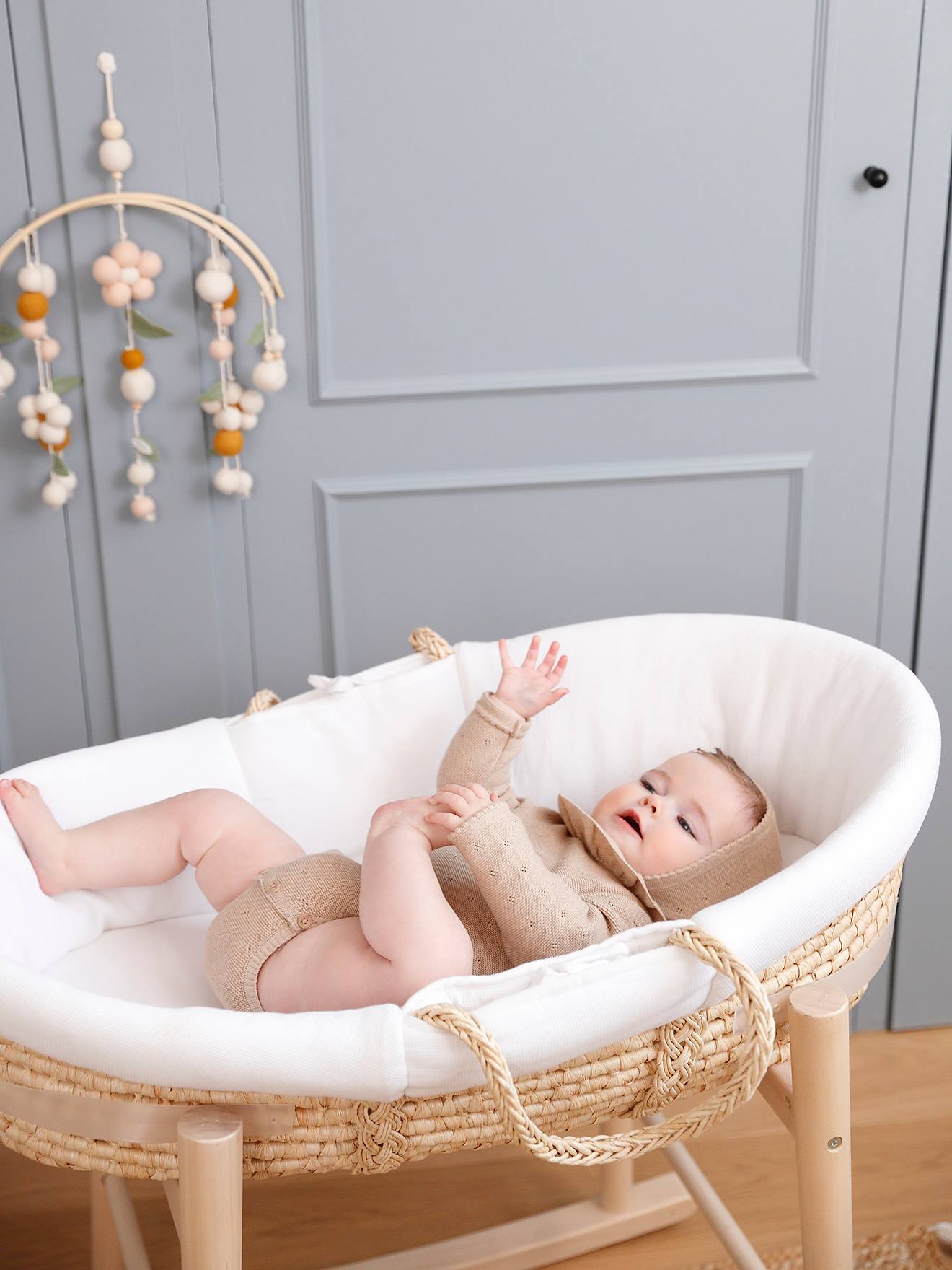 Vertbaudet Baby-Set: Strick-Kurzoverall mit langen Ärmeln & Mütze Oeko-Tex - beige meliert
