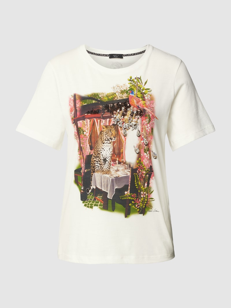 T-Shirt mit Motiv-Print und Ziersteinbesatz in offwhite