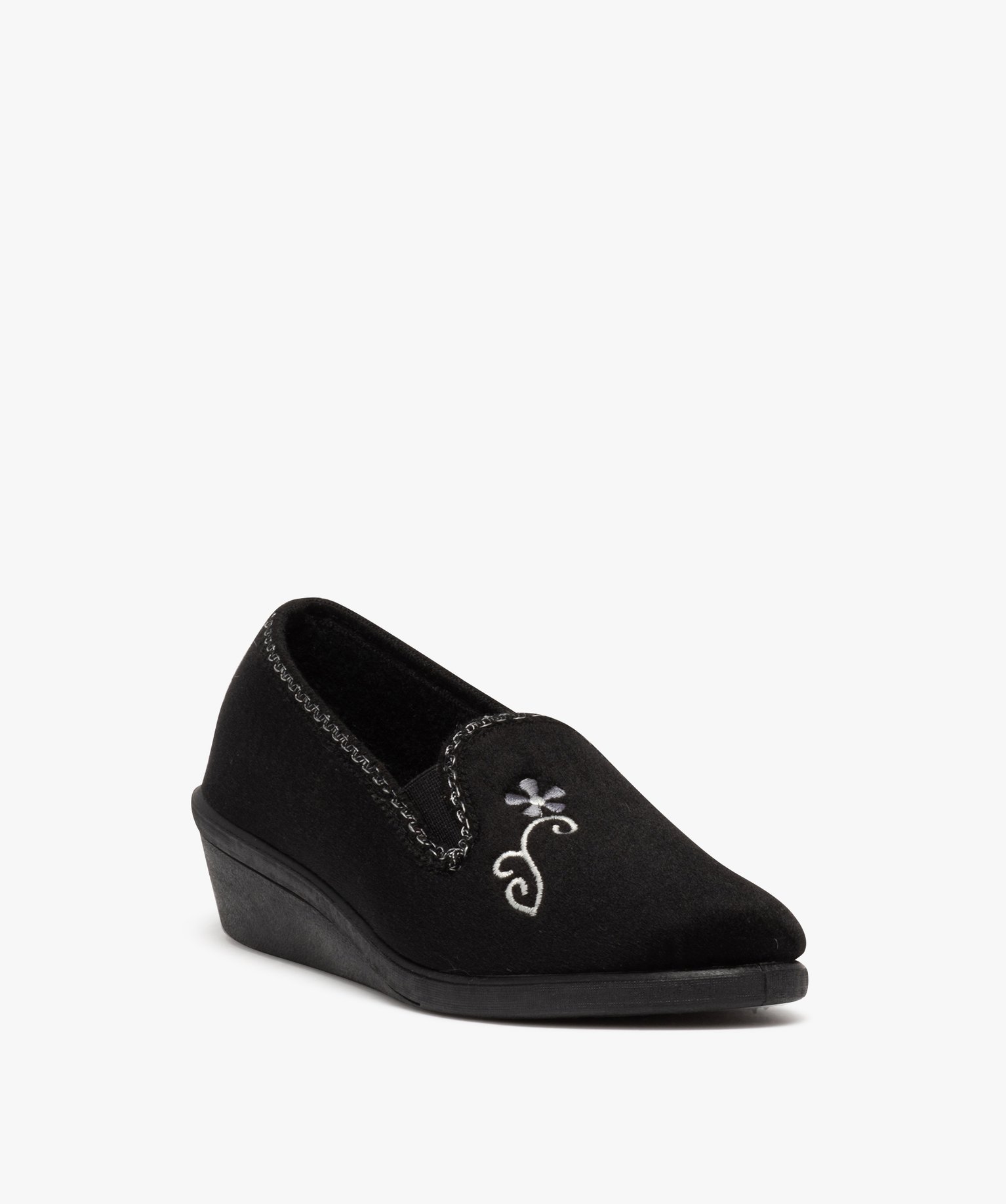 Chaussons femme pantoufles compensées en velours brodé noir | GEMO