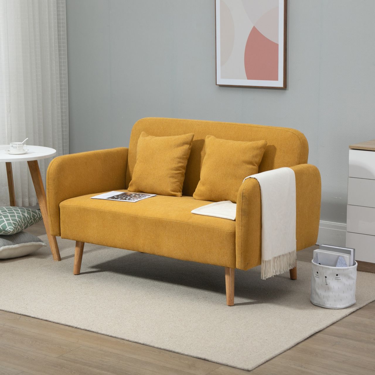 HOMCOM Doppelsofa Polsterung mit Kissen Stoff Loveseat kompaktes Design Moderne Zweisitzer einstellbare Höhe der Fußrasten samtartiges Polyester Gummiholz Schaumstoff Natur Gelb 130 x 70 x 80 cm