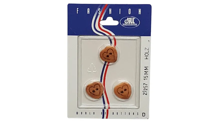 Dill 2-loch-Holzknopf mit Herzmotiv Ø 15mm 3er Pack natur