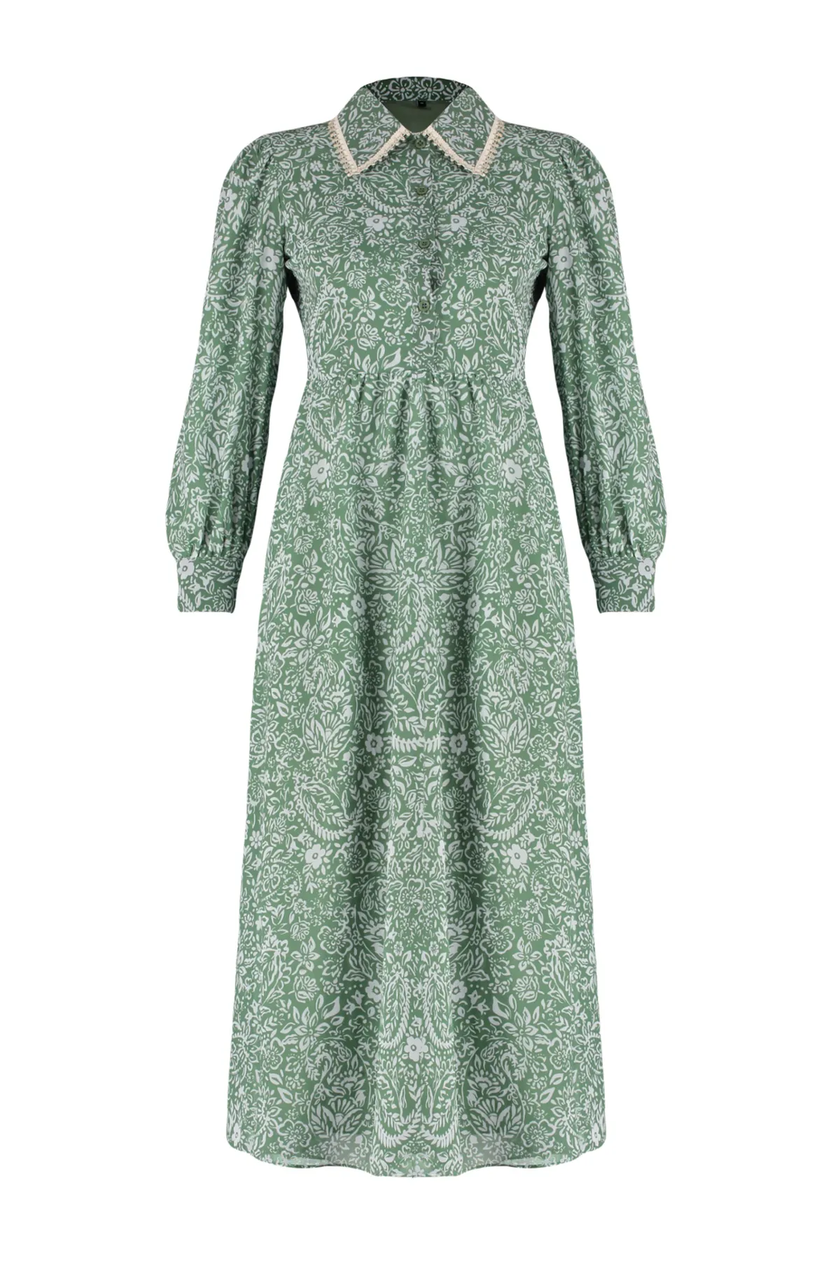 Trendyol Modest  Grünes Kleid aus Chiffon mit Blumenkragen und detailliertem Futter TCTSS24EB00033
