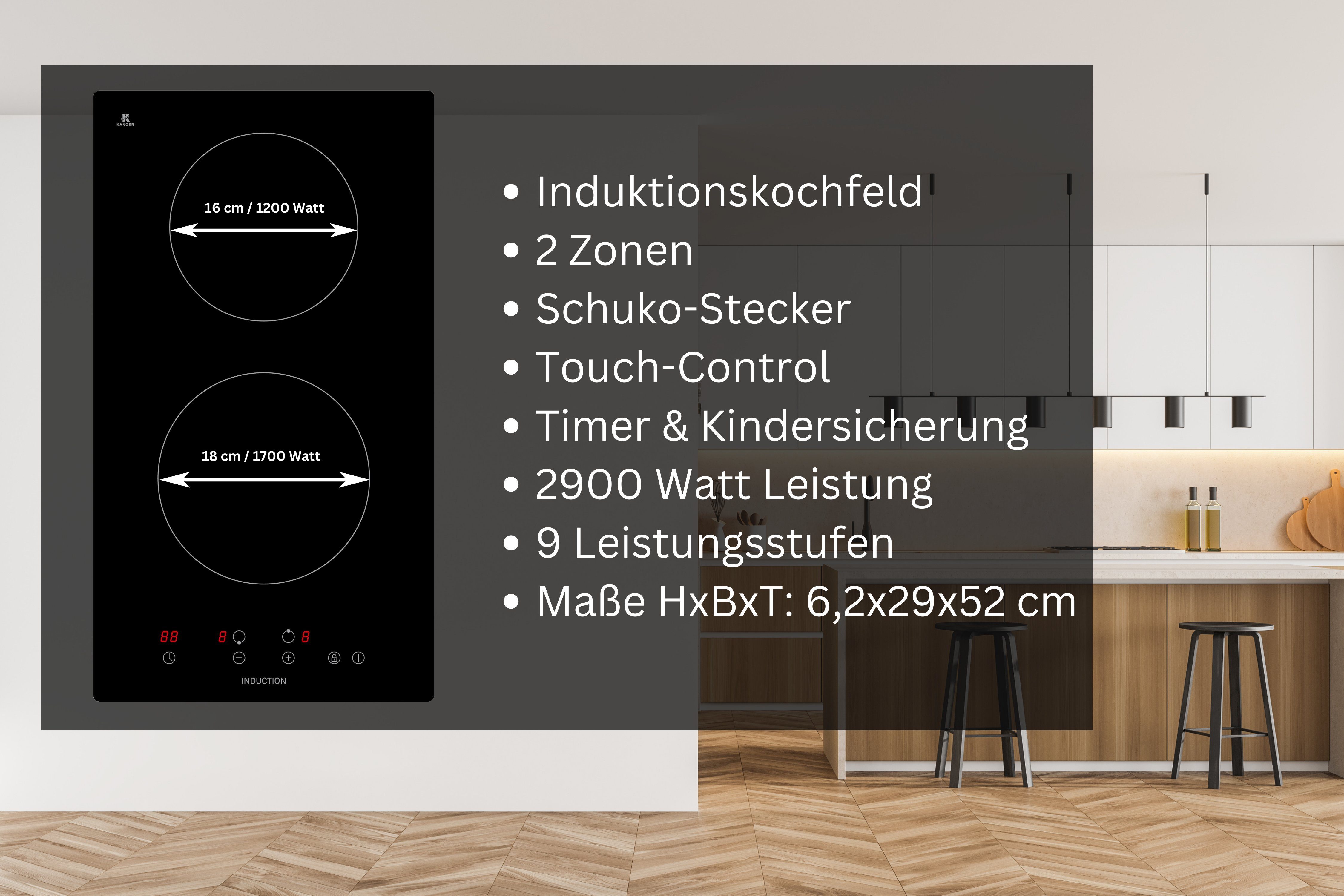 YUNA Induktions-Kochfeld YUNA Calor CALOR EBKI2, automatische Topferkennung, Kindersicherung, Timer, Restwärmeanzeige