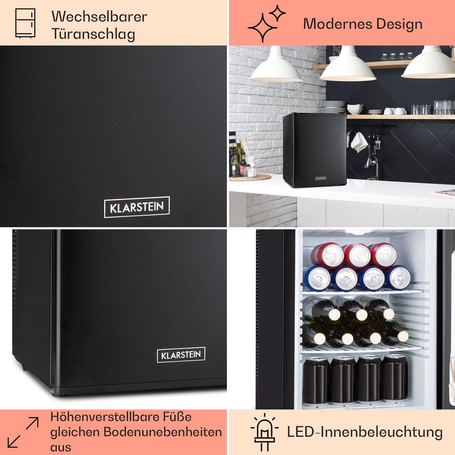 Klarstein Table Top Kühlschrank HEA-HappyHour-42Blk 10035247A, 53.5 cm hoch, 40 cm breit, Hausbar Minikühlschrank ohne Gefrierfach Getränkekühlschrank klein
