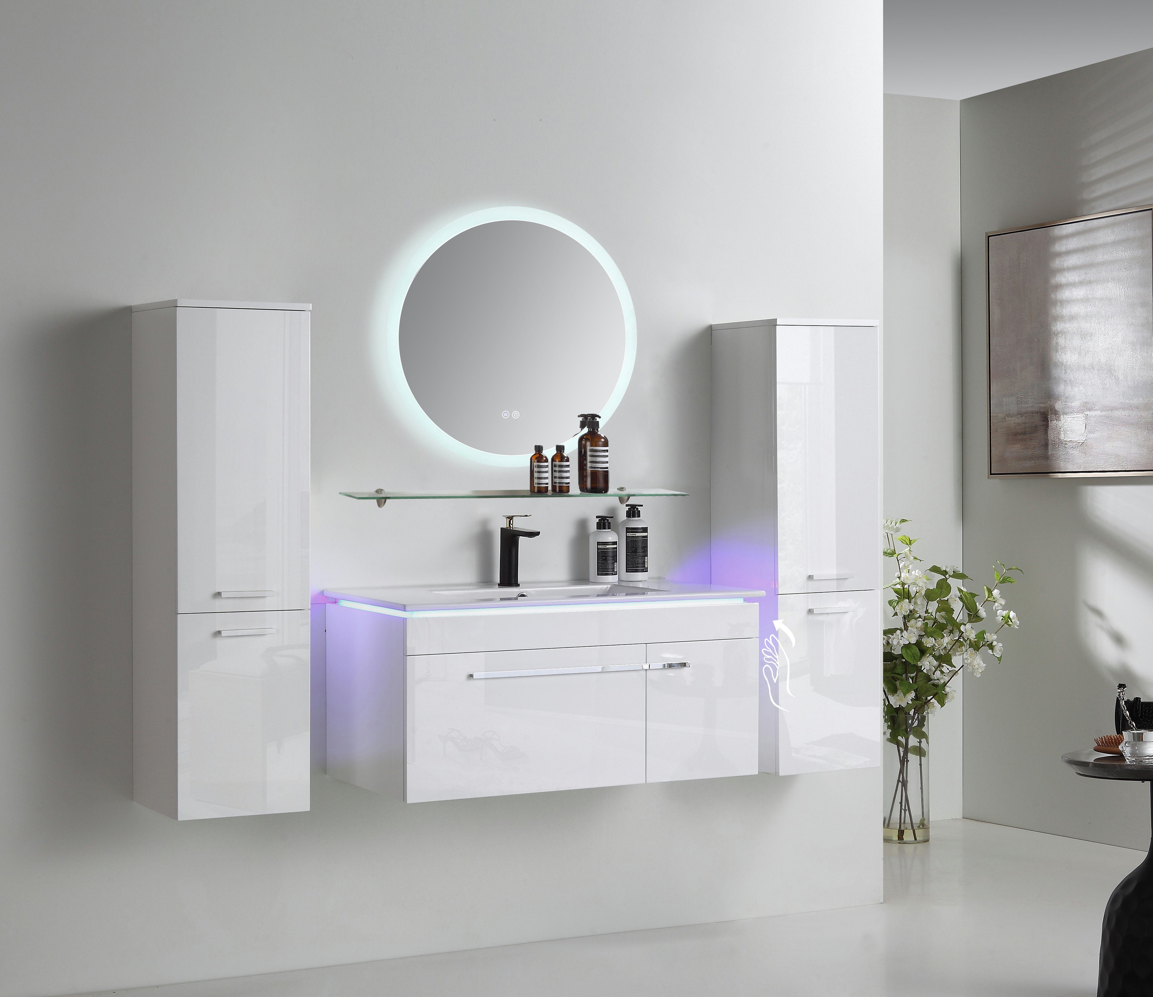 Faizee Möbel Badmöbel-Set Badmöbel Set 90 cm Weiß komplett Set Vormontiert Weiß mit LED, (Komplett-Set, 5-St), badmöbel set Weiß komplett Set LED-Spiegel mit Touch-Funktion