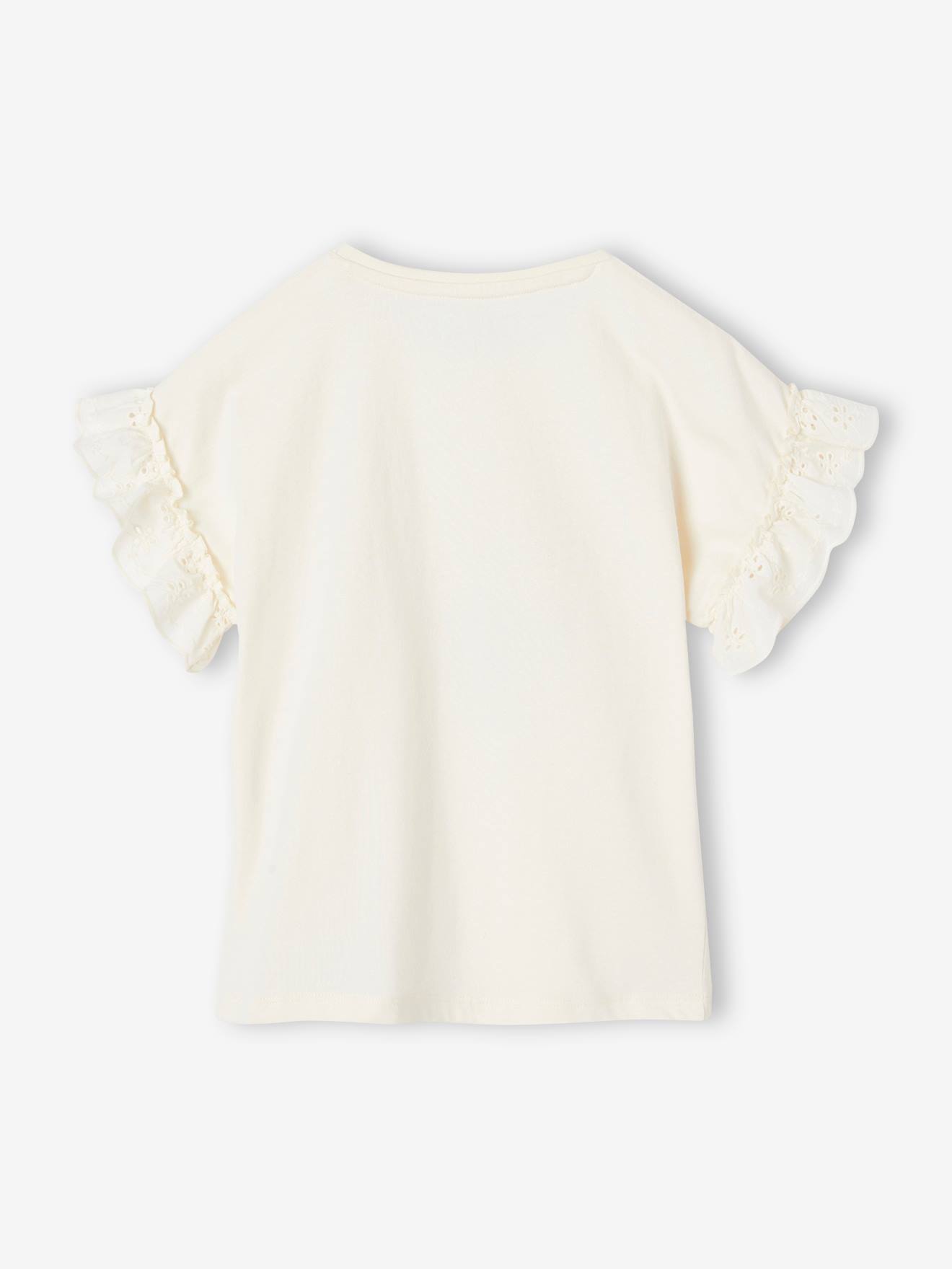 Vertbaudet Mädchen T-Shirt mit Volantärmeln, Bio-Baumwolle - wollweiß katze