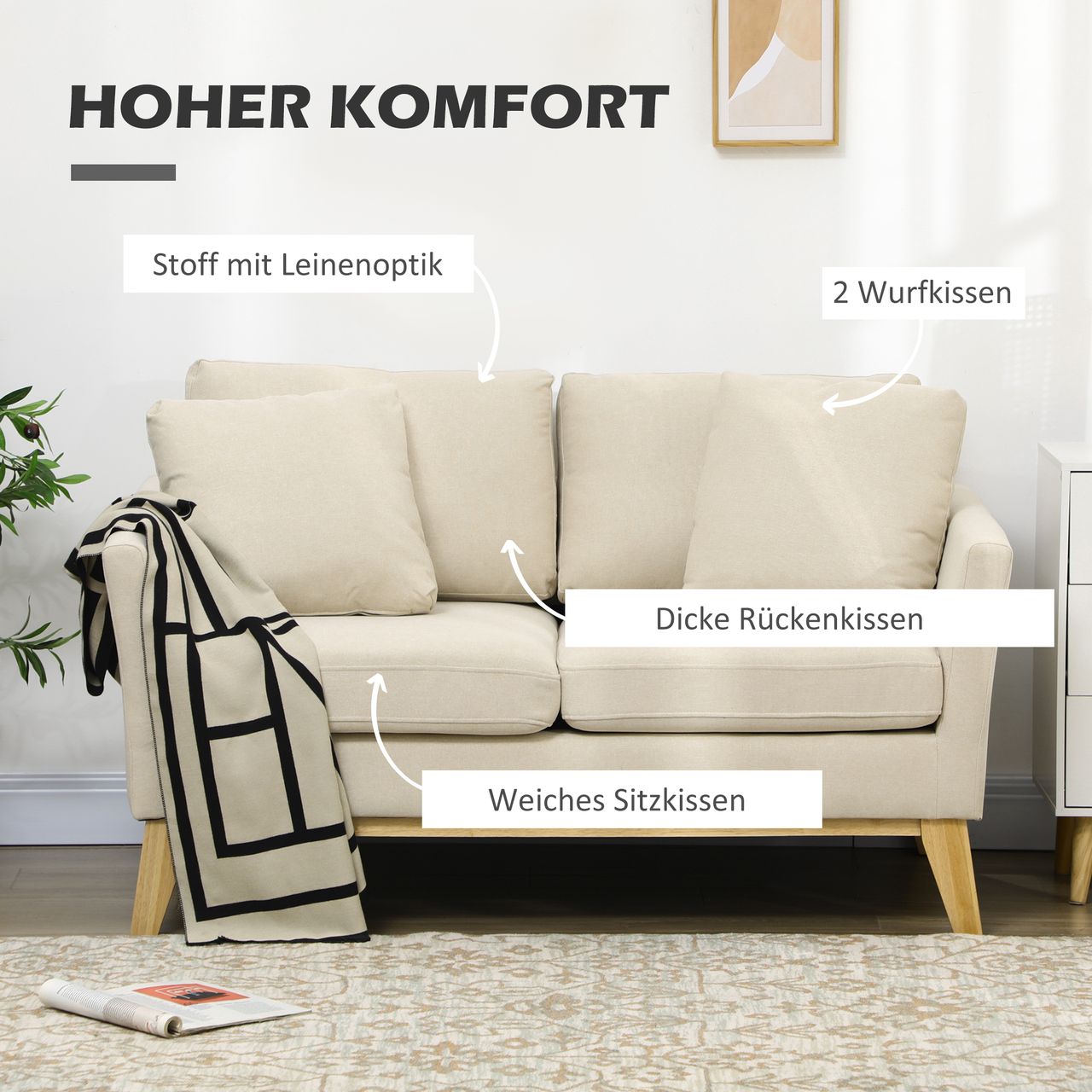 HOMCOM 2-Sitzer Sofa Doppelsofa in Leinenoptik, Zweisitzer mit Kissen bis 150 kg