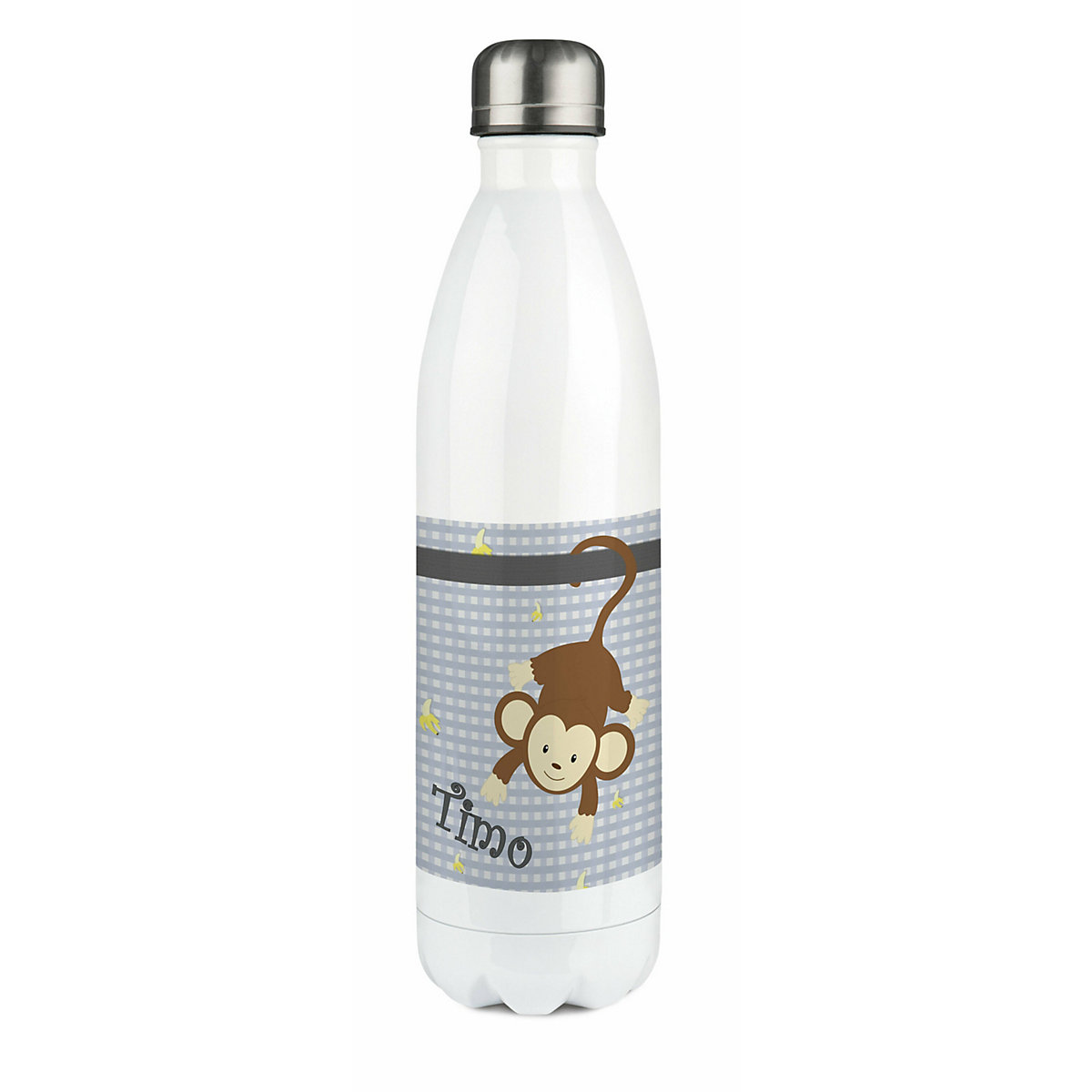 Edelstahl Kinder Thermoflasche / Trinkflasche bunt Affe hängend Farbe grau Spülmaschinenfest, Auslaufsicher, Bruchfest, Doppelwandig, Für Heißgetränke geeignet, Mit Deckel, Isoliert