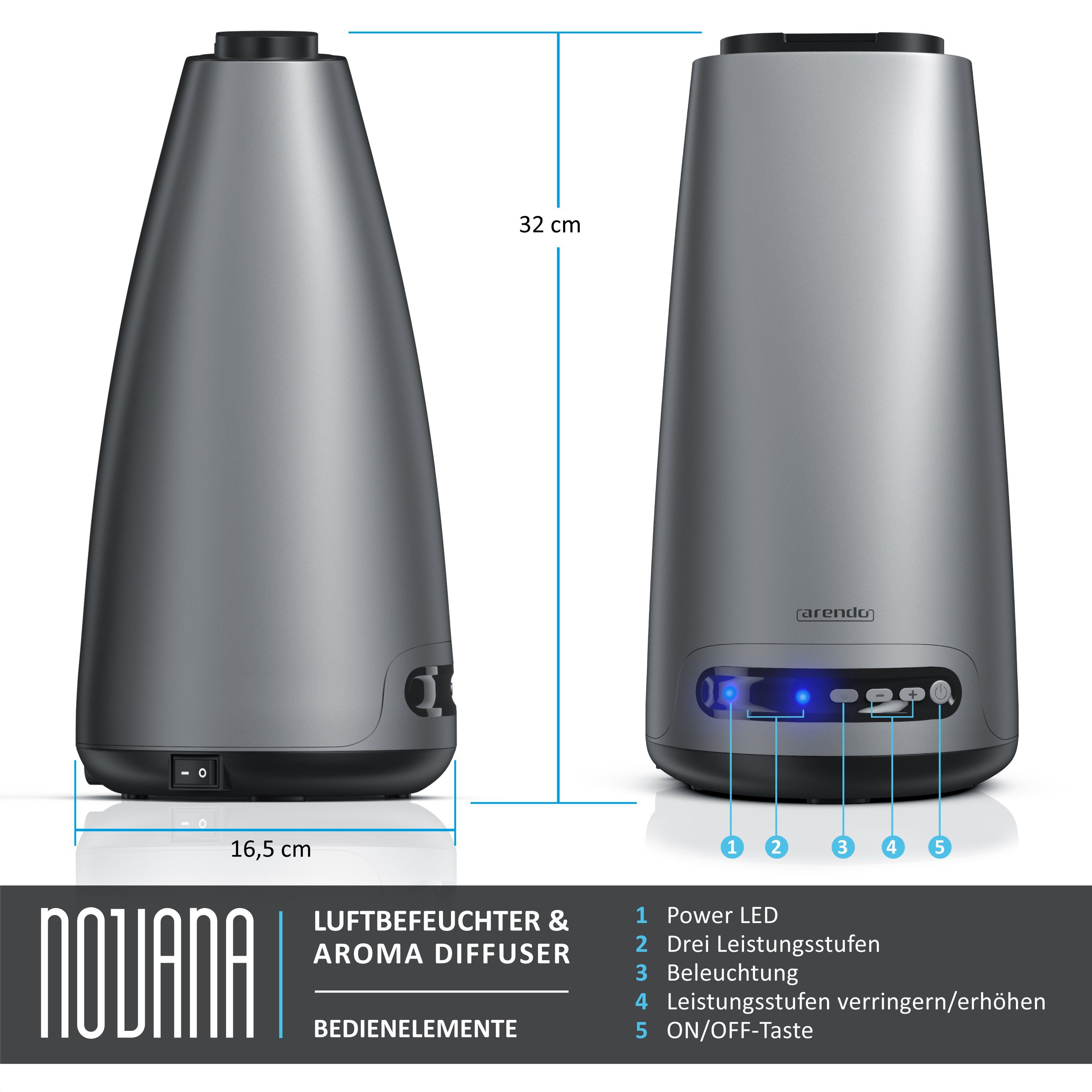 Arendo Luftbefeuchter, 2 l Wassertank, Design Luftbefeuchter mit Aroma-Reservoir - Novana