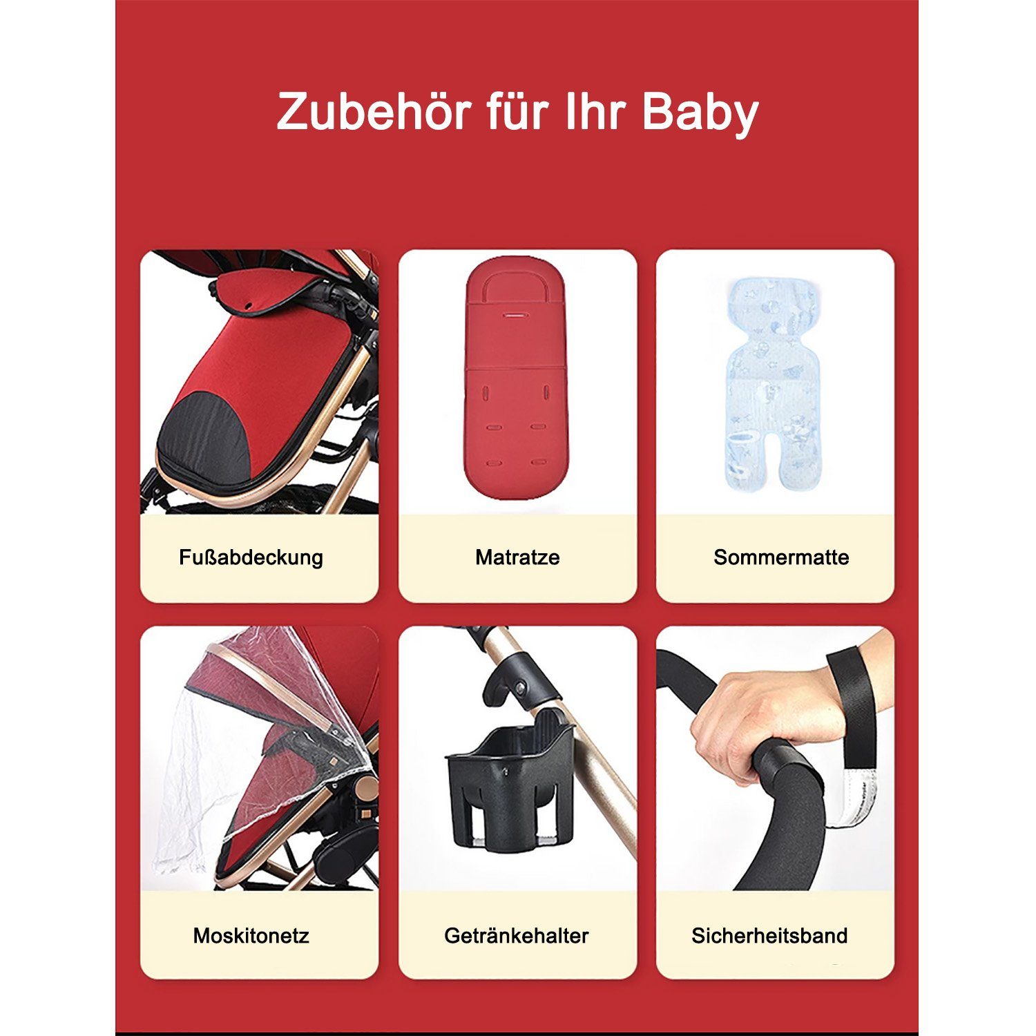 TPFLiving Kombi-Kinderwagen Babyschale Baby Buggy Babywanne 5-Punkt-Sicherheitsgurt Moskitonetz, Getränkehalter Kinderwagen 3 in 1 inkl. großem Zubehörset Schwarz