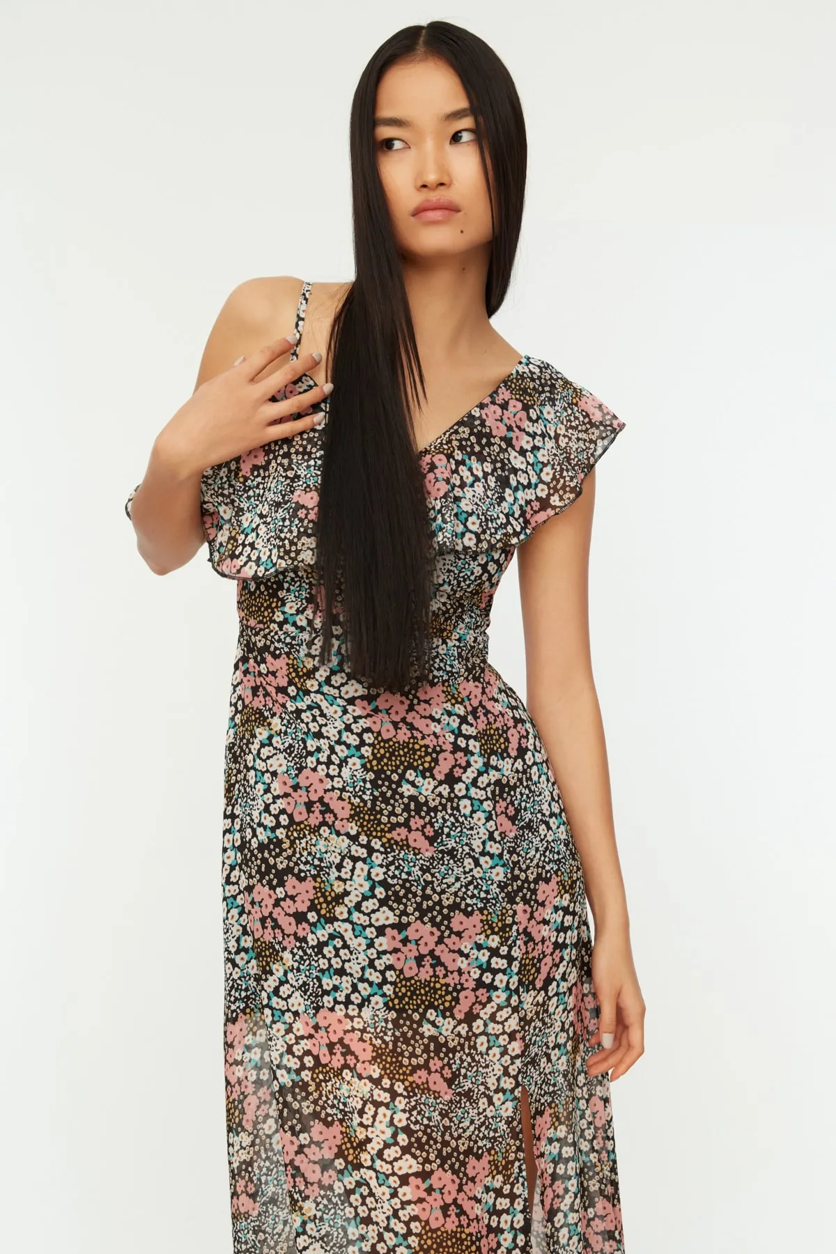 Trendyol Collection  Mehrfarbiges Volant-Schlitz-Webkleid TWOSS20EL1655