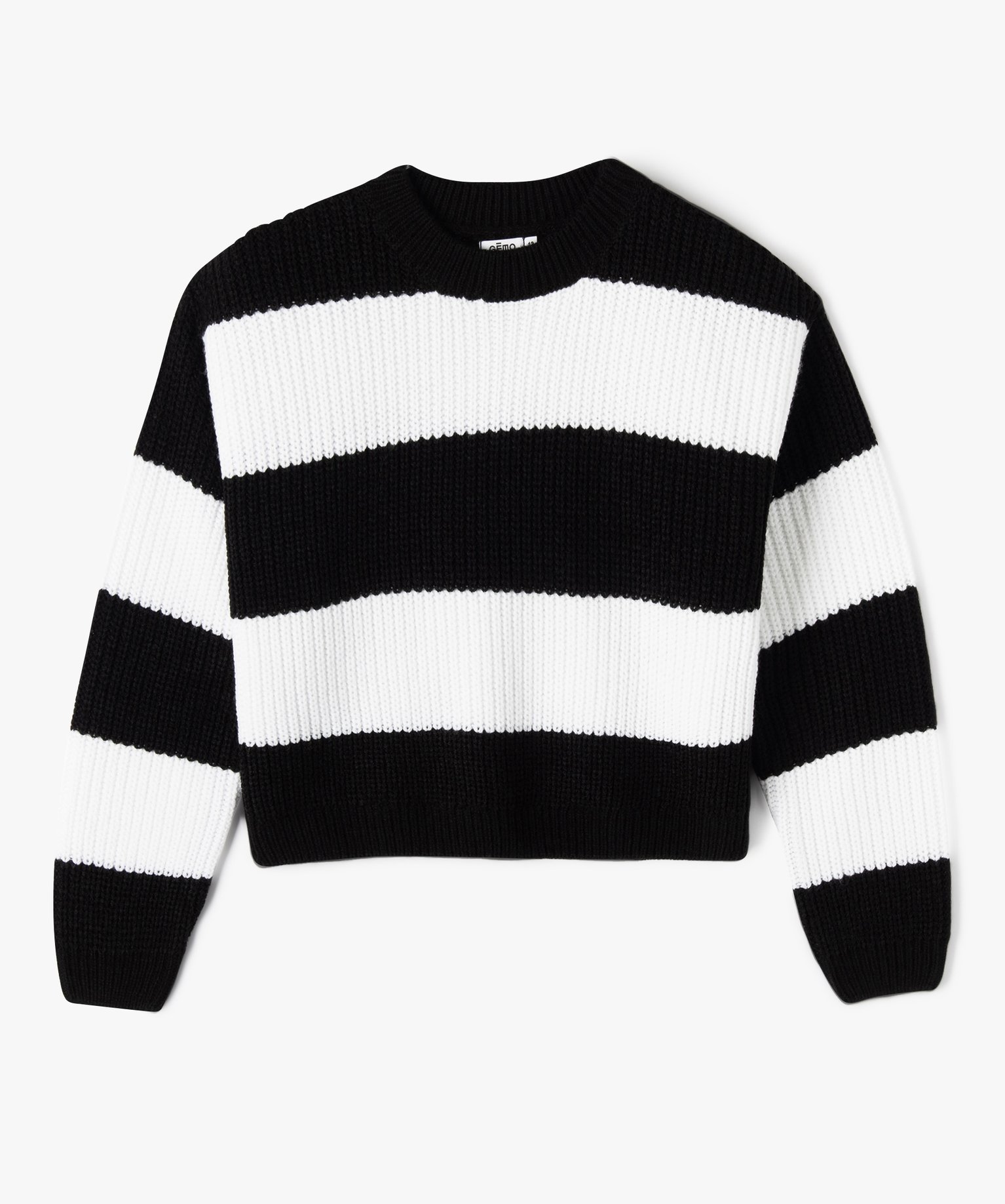 Pull fille à rayures en grosse maille coupe courte raye | GEMO