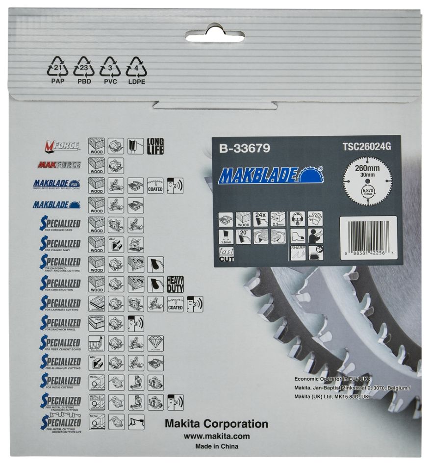 Makita-lisävarusteet B-33679 pöytäsahanterä Makblade Wood ATB 260 x 30 x 2,3 mm T24