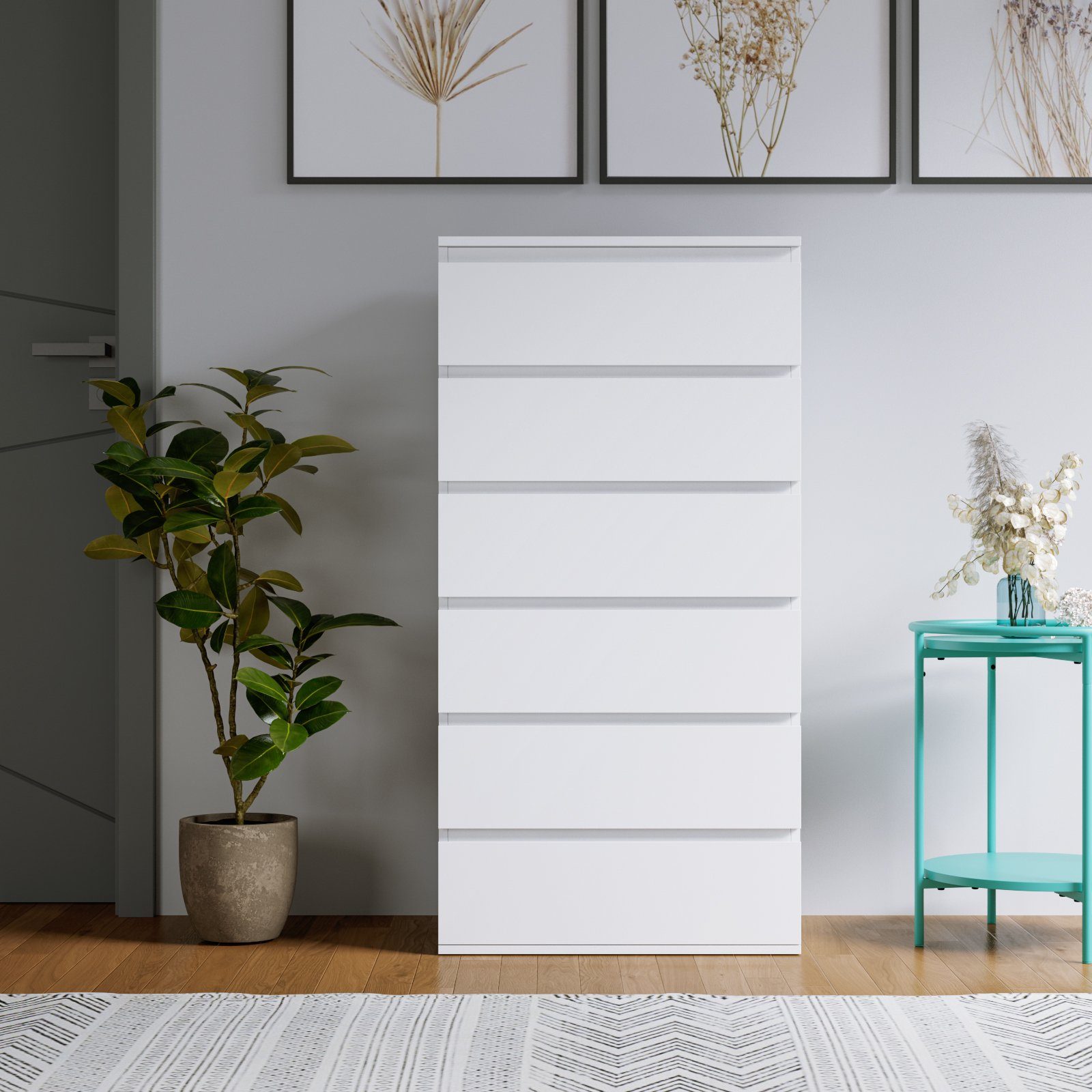 Homfa Kommode, Sideboard mit 6 Schubladen, Schubladenschrank holz, weiß, 60x40x118,5cm