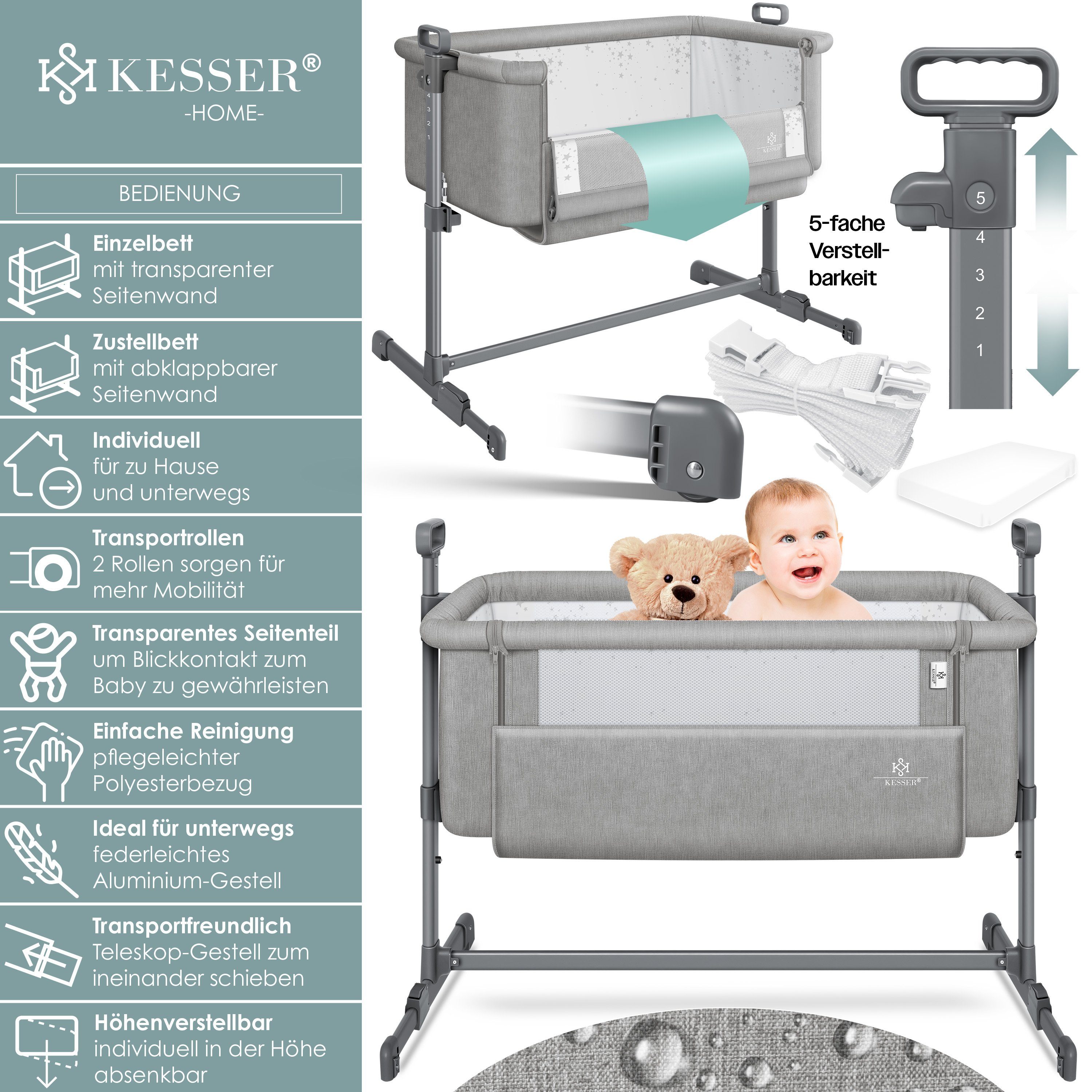 KESSER Kinderbett, Zustellbett Hubi 3in1 Baby Beistellbett Reisebett Babybett