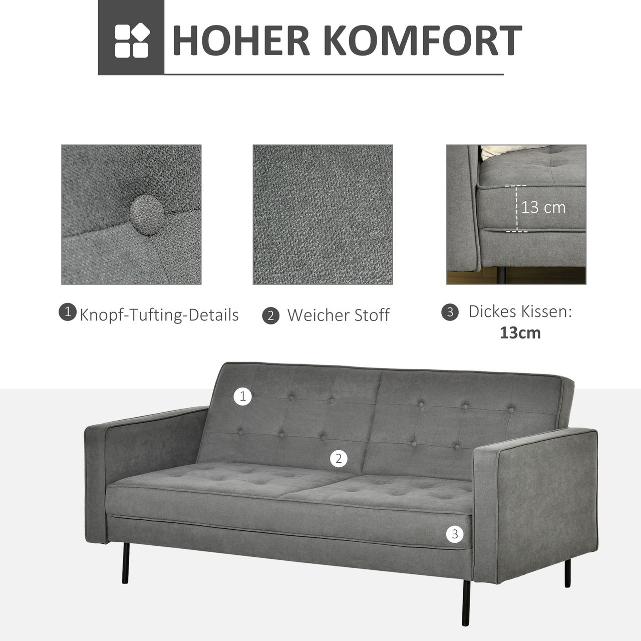 HOMCOM Schlafsofa 3-Sitzer Schlafcouch Stoffsofa Sofa mit Schlaffunktion Bettsofa mit verstellbarer Winkel Vintage Eukalyptusholz Baumwolle Grau