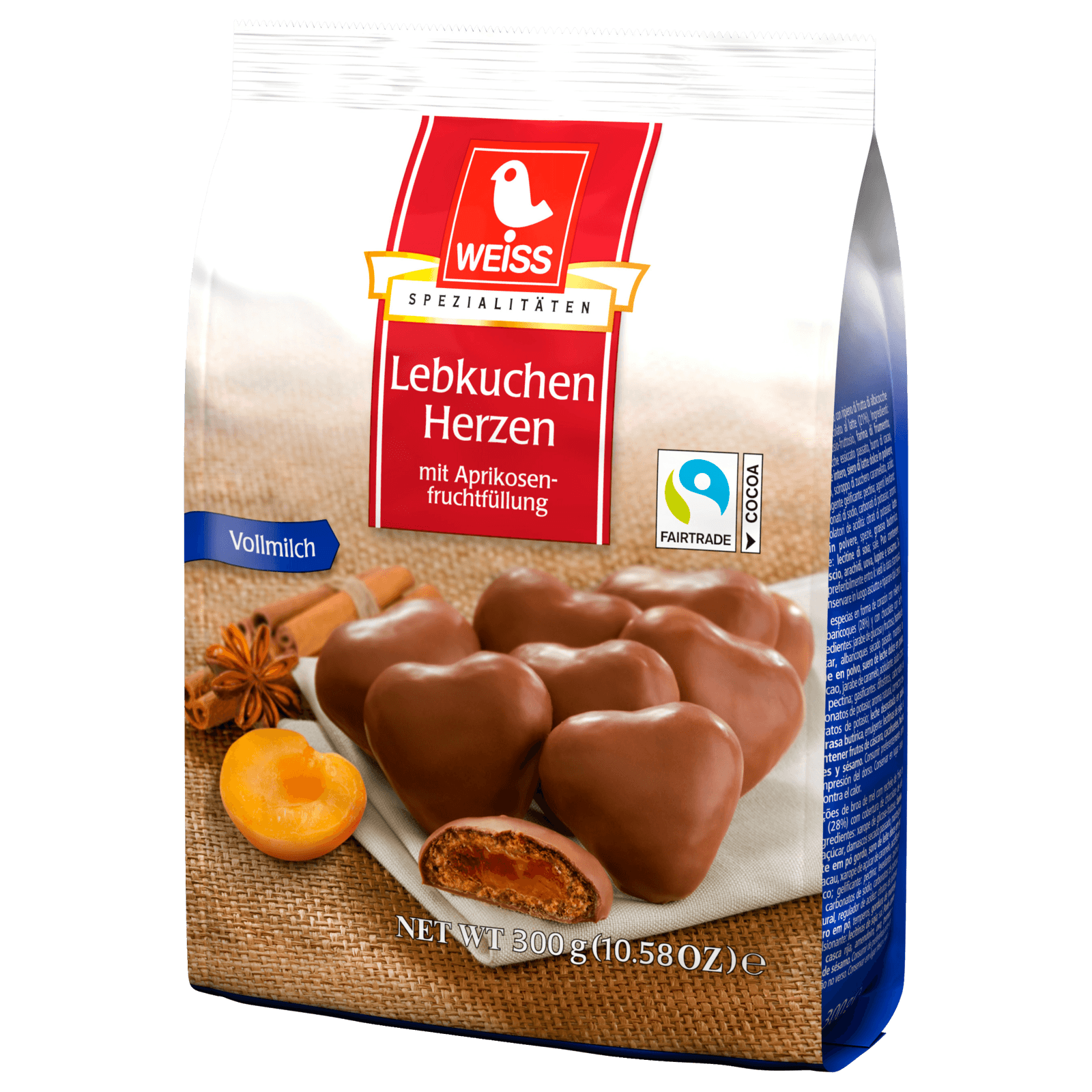 Weiss Lebkuchen Herzen mit Aprikosenfruchtfüllung Vollmilch 300g