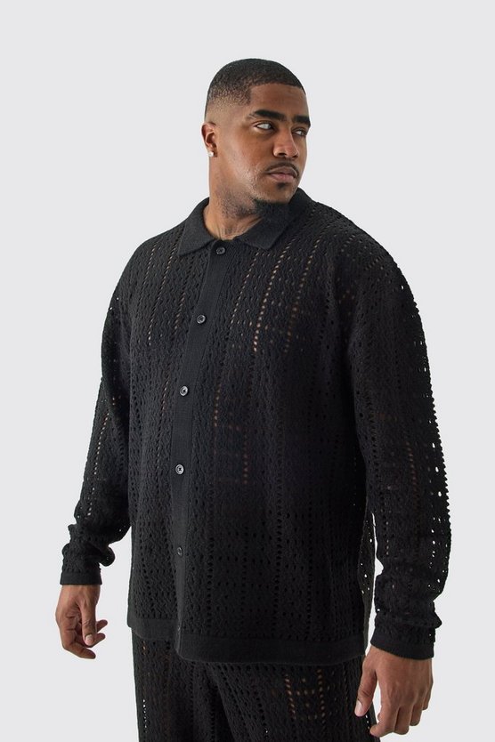 Plus langärmliges gehäkeltes Oversize Hemd in schwarz