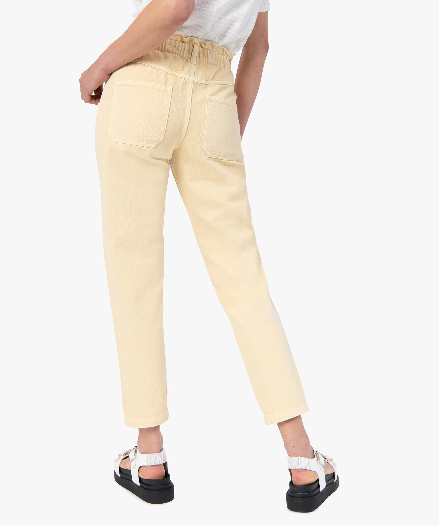 Pantalon femme en toile denim avec ceinture élastique jaune | GEMO