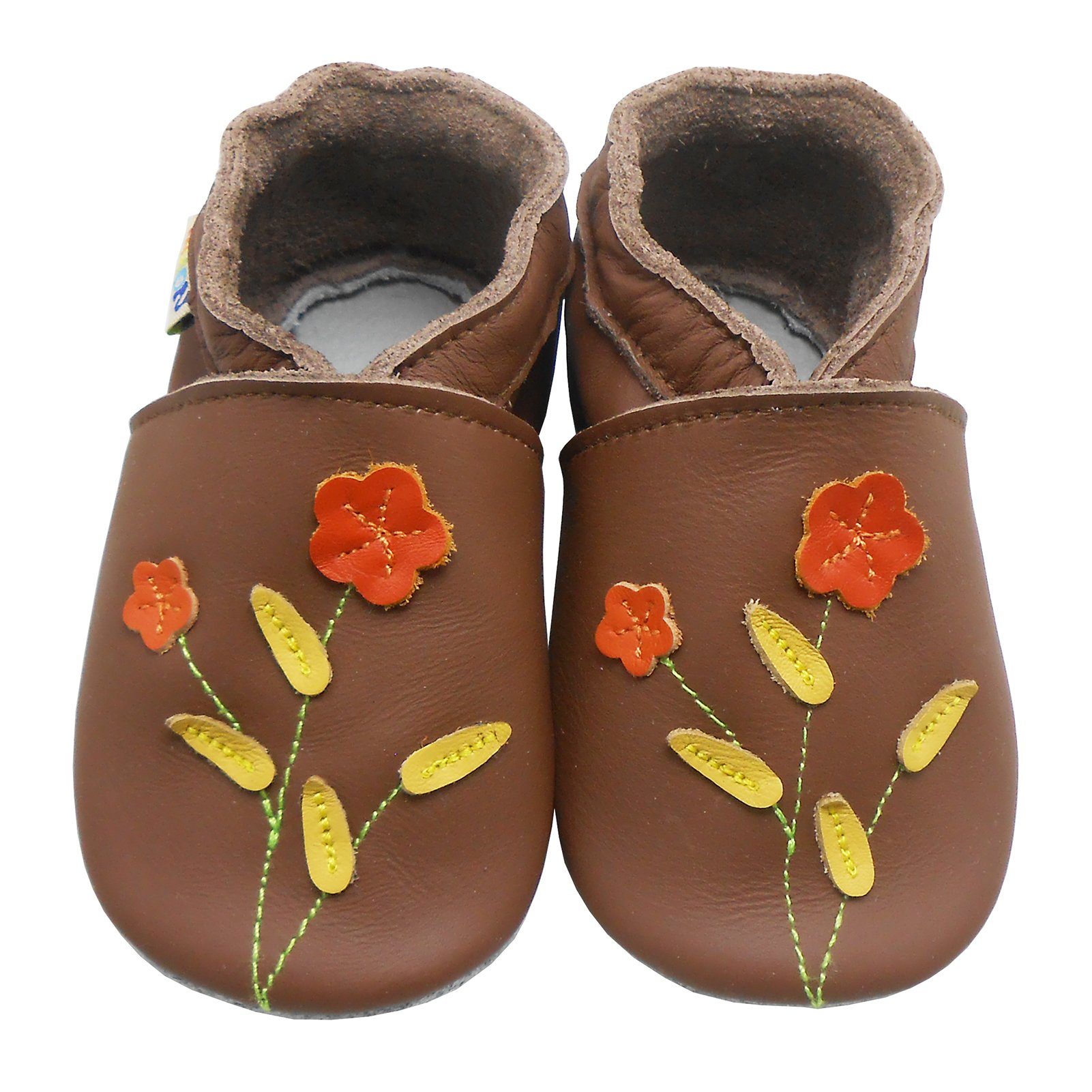 Yalion Weiche Leder Lauflernschuhe Hausschuhe Lederpuschen Zwei-Blumen-Braun Krabbelschuh