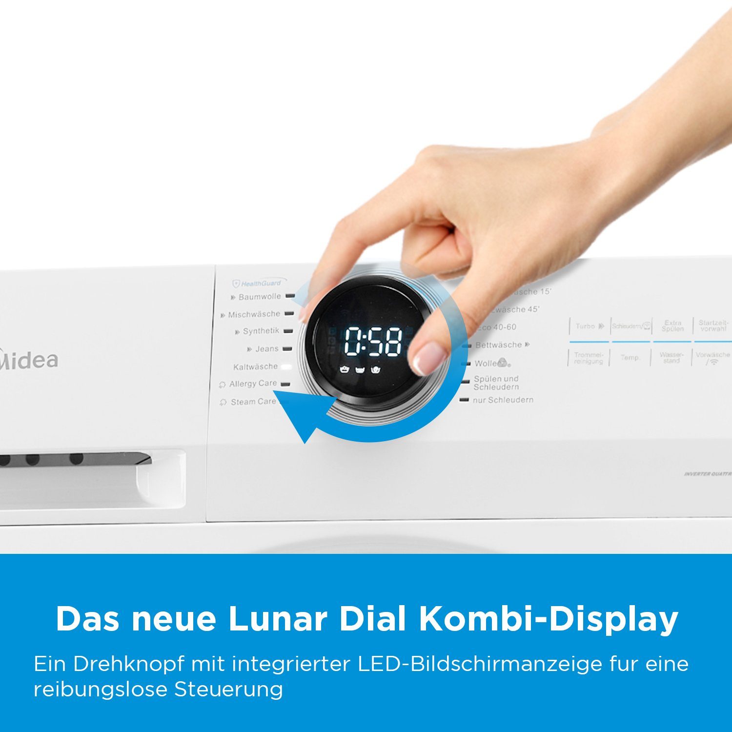 Midea Waschmaschine MF200W80WB-14AS, 8,00 kg, 1400 U/min, EEK A, Slim Design, Nachlegefunktion, Allergy Care, APP-Steuerung