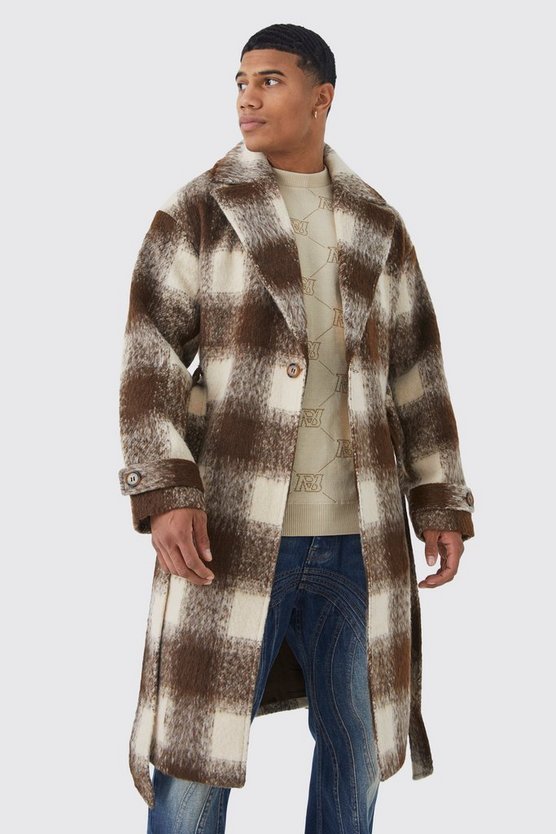 Karierter Mantel in Wolloptik mit Gürtel